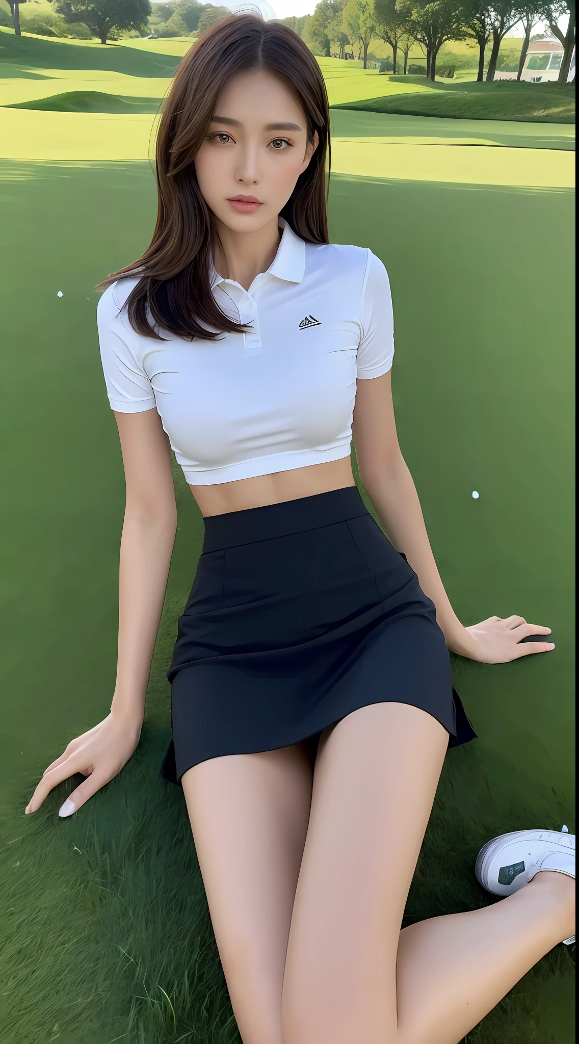 ((Top Quality, 8k, Masterpiece: 1.3)), pretty woman, 1 woman, big: 1.3, (toned abs, slender figure: 1.1), sexy, dark brown hair, (sitting on golf course grass, legs crossed, skirt: 1.1), ultra detailed face, detailed lips, detailed eyes, double eyelids