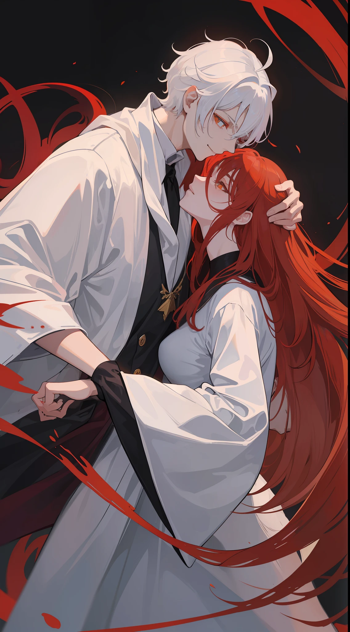 1man, sharp golden eyes with sharp pupils, white sharp hair and he was wearing black noble robes and, intimate hug and going to kiss with his lovely red-hair wife ((his wife is red haired milf)) ((the man is white hair)) ((41 year old face))