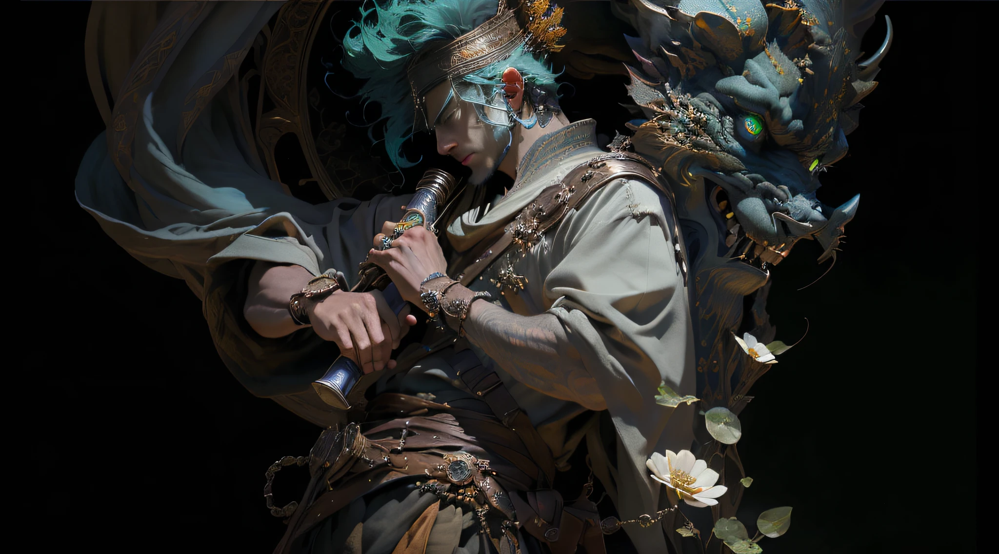 A man playing musical instrument, atmospheric distance sense, full body picture, epic fantasy digital art style, epic fantasy art style HD, epic fantasy art style, detailed fantasy digital art, epic fantasy style art, epic exquisite character art, 4K fantasy art, 2. 5 D CGI anime fantasy artwork, man wearing a flower on his head, photo of the most beautiful artwork in the world with a soft sheen, ((epic hero fantasy, great location, majestic environment), full body 8k uniform rendering, action shot, skin pores, heavy shadows, detailed, detailed face, (vibrant, photo realistic, realistic, dramatic, dark, sharp focus, 8k), (Complex: 1.4), Decadence, (High Detail: 1.4), Digital Painting ArtStation, Concept Art, Smooth, Sharp Focus, Illustration, Artgerm Art, (Loish: 0.23), Wlop Ilya Kuvshinov, and Greg Rutkowski and Alphonse Mucha Gracias, (Global Illumination, Studio light, volumetric light), particles floating, the face is rich in details, the man has a cold expression, the eyes are green, the eyes have fire, the ghost's teeth are sharp, the teeth are richly detailed, and the fingers are refined