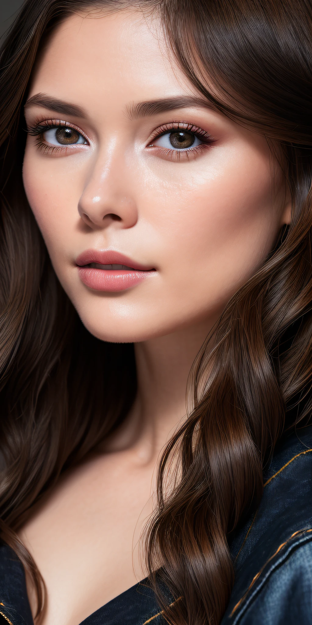 Full face portrait photo of 25 year old European girl, RAW, beautiful woman, semi-open strawberry lip, dimples, wistful expression, (brown hair with extra long wavy), ((detailed face)), ((detailed facial features)), (fine detailed skin), pale skin, cyberpunk megacity environment, (cool color), moist, damp, reflection, (masterpieceShot with Canon EOS R5 (detail) (Realistic photos) (Detailed details) 50mm lens, f/2.8, HDR, (8k) (wallpaper) (cinematic lighting) (dramatic lighting) (sharp focus) (complex), RAW photography, RAW photography, gigachad photography, camera pose, black jeans, back arm, 8k uhd, dslr, high quality, Grain Film, Fujifilm XT3, Film Stock Photo 4 Kodak Portra 400 Camera F1.6 Lens Rich colors Ultra-realistic textures Dramatic lighting Unreal Engine Art Station Trends Cinestill 800 Tungsten, Toughboy Style, Ultra Focus Face, Intimidating, Combat Position, Black and Long Curly, Muscles, Bursting Veins, Beads, Young woman with open silk shirt and big breast skirt, photorealistic, 4K, upscale, lint ricate, full body, elegant, highly detailed, very elaborate, photorealistic art, concept art by art, matte, neoartcore, sharp focus, illustration, shiny skin, photorealistic clothes, beautiful face, Symmetrical eyes, symmetrical, beautiful eyes, photorealistic face, perfect face, symmetrical body, photorealistic eyes, safe to work, photorealistic body, photorealistic woman, photorealistic hair, photorelistic mouth, ultra high resolution, best quality, 8K, raw photo