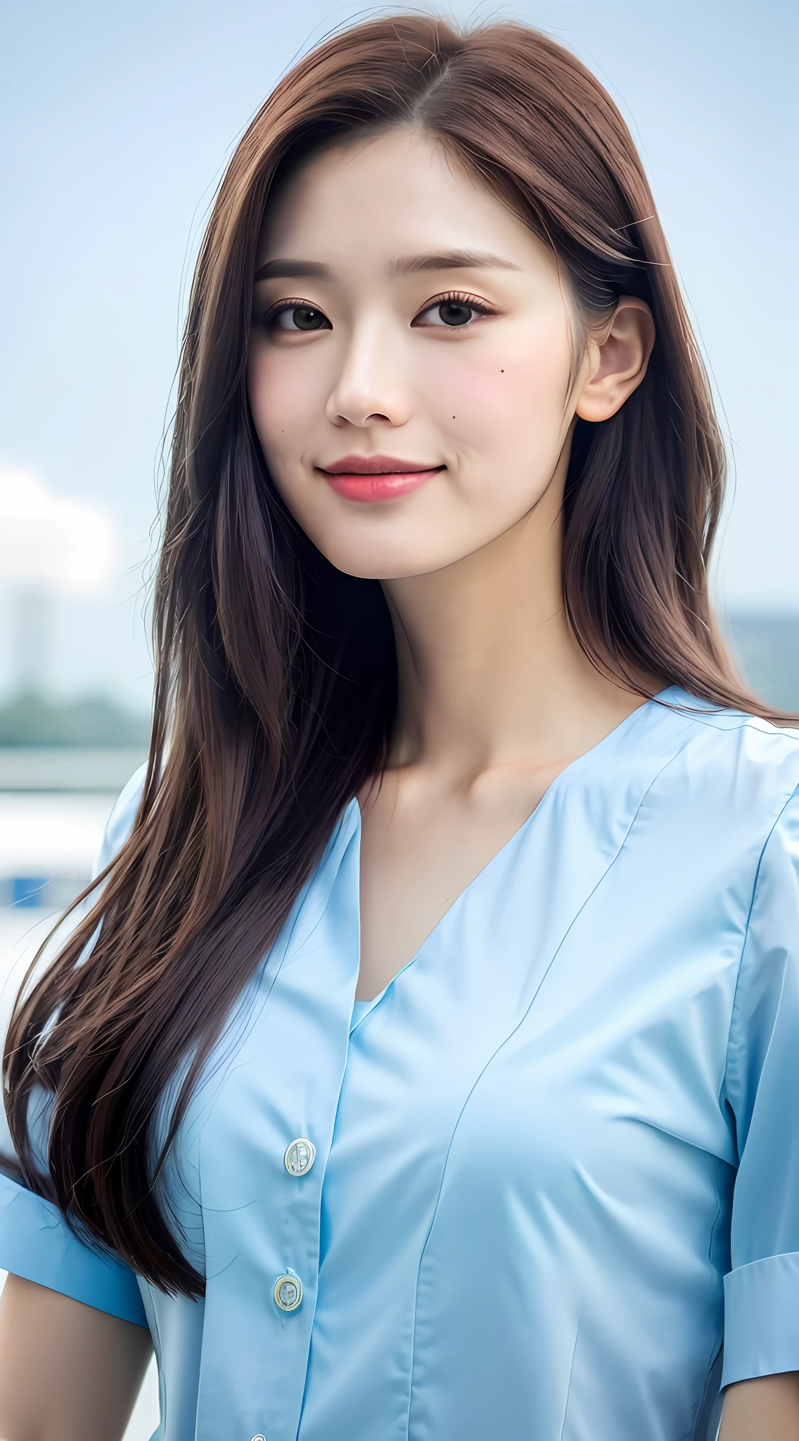 Expressive hair, light makeup, medium breast size, slight smile, shirt with rolled sleeves, in the sky train, clear facial features, eye-level shooting, shake, UHD, masterpiece, super detail, best quality, high resolution, 16k,