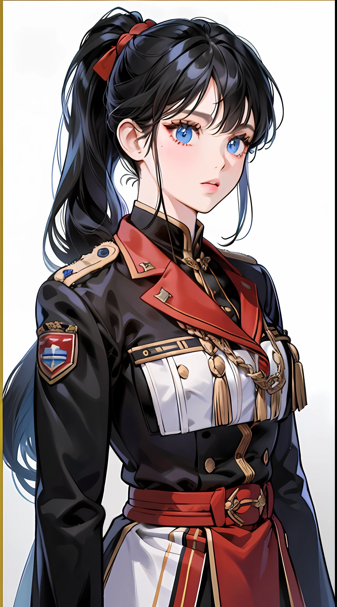 A girl with long black hair (with a ponytail), (with bangs) in a military uniform, blue eyes, looking at the camera, front, (white background), standing painting, attention to detail, highest quality,