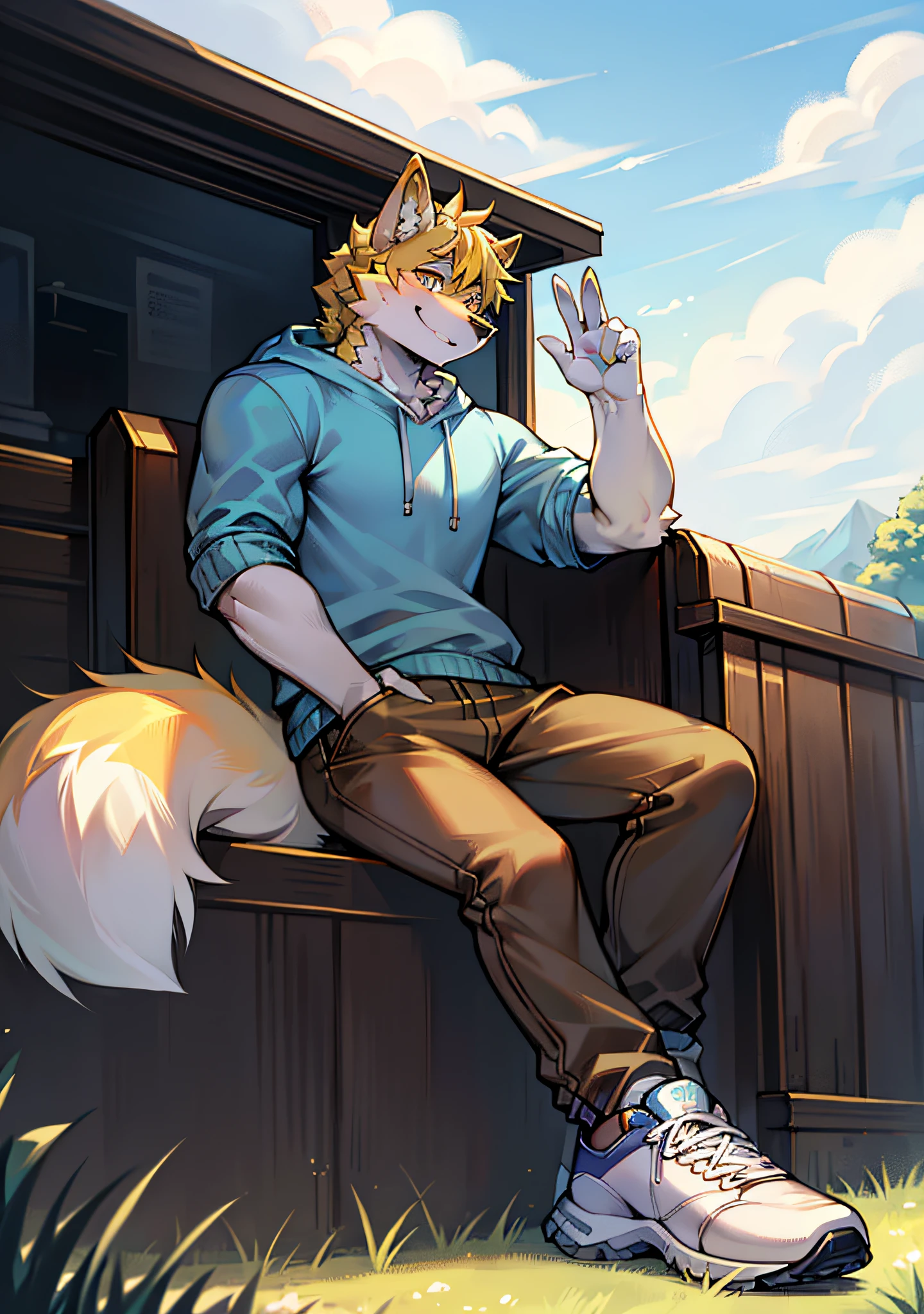 Furry, smiling, clear eyes, wolf, male, male, teen, mature, muscular, single, humanoid, golden hair, fluffy tail, modern clothing, light blue sweatshirt, brown trousers, sneakers, sitting, bending knees, body facing away from the picture, looking at the sky, turning head, holding your knees, waving to the camera, sunshine, sunny day, sitting on grass, green grass, hillside, breeze, sky, sun, white clouds, by the highway, 8k.