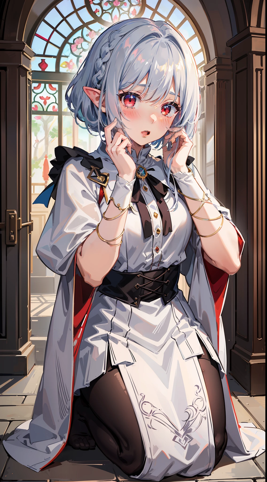 ((Put your hands on your face)), (surprised)), (blush), 1 girl closeup, Elf, Silver hair, Red eyes, Braided hair, Bob cut, Fantasy style costume, Wizard, Ruffles, Robe, Long skirt, Tights, Black cloak, Kneeling, Skinny girl, Indoors, Concept art, Beautiful anime scene, Beautiful anime scenery, Best quality, 4K