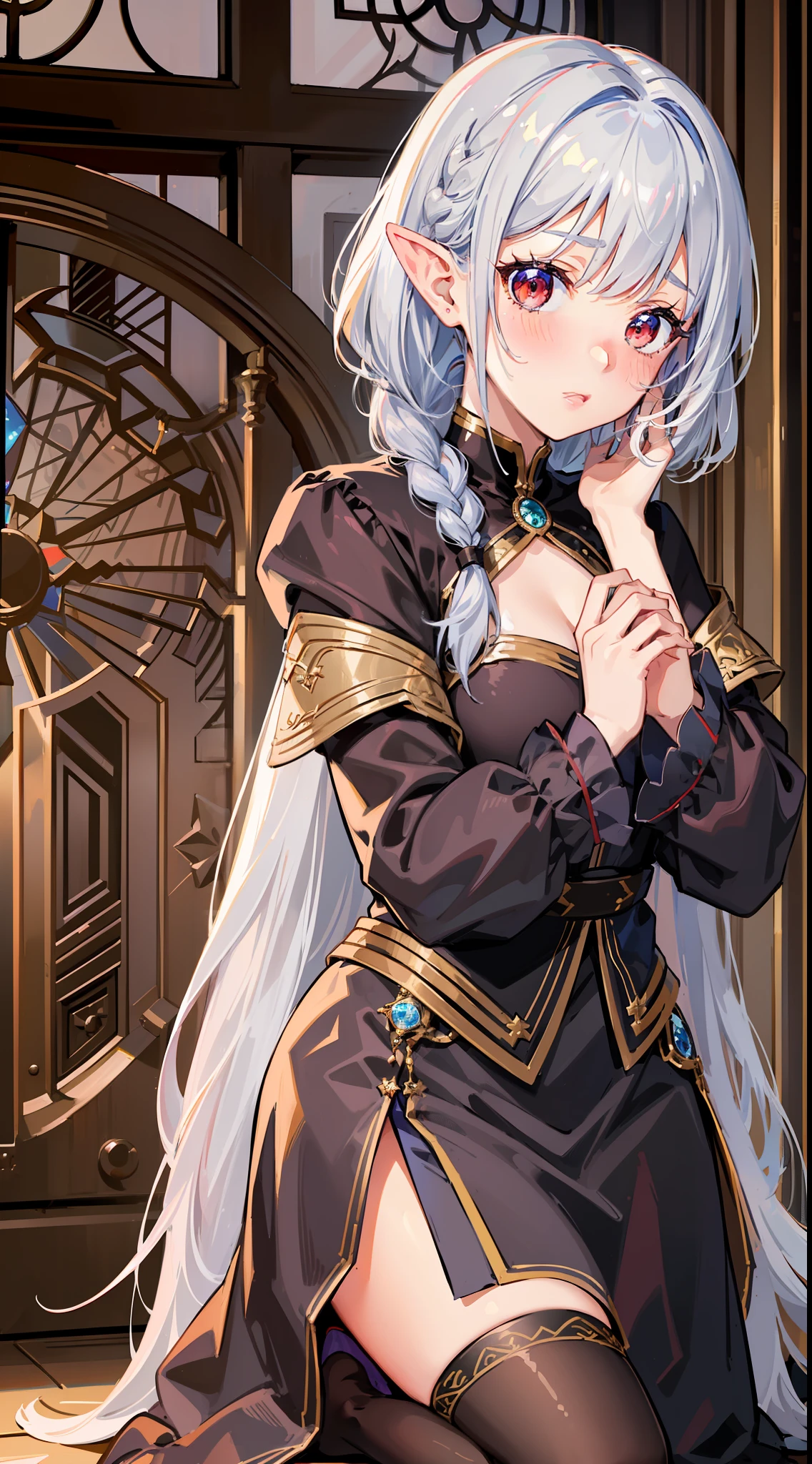 ((Put your hands on your face)), (surprised)), (blush), 1 girl closeup, Elf, Silver hair, Red eyes, Braided hair, Bob cut, Fantasy style costume, Wizard, Ruffles, Robe, Long skirt, Tights, Black cloak, Kneeling, Skinny girl, Indoors, Concept art, Beautiful anime scene, Beautiful anime scenery, Best quality, 4K