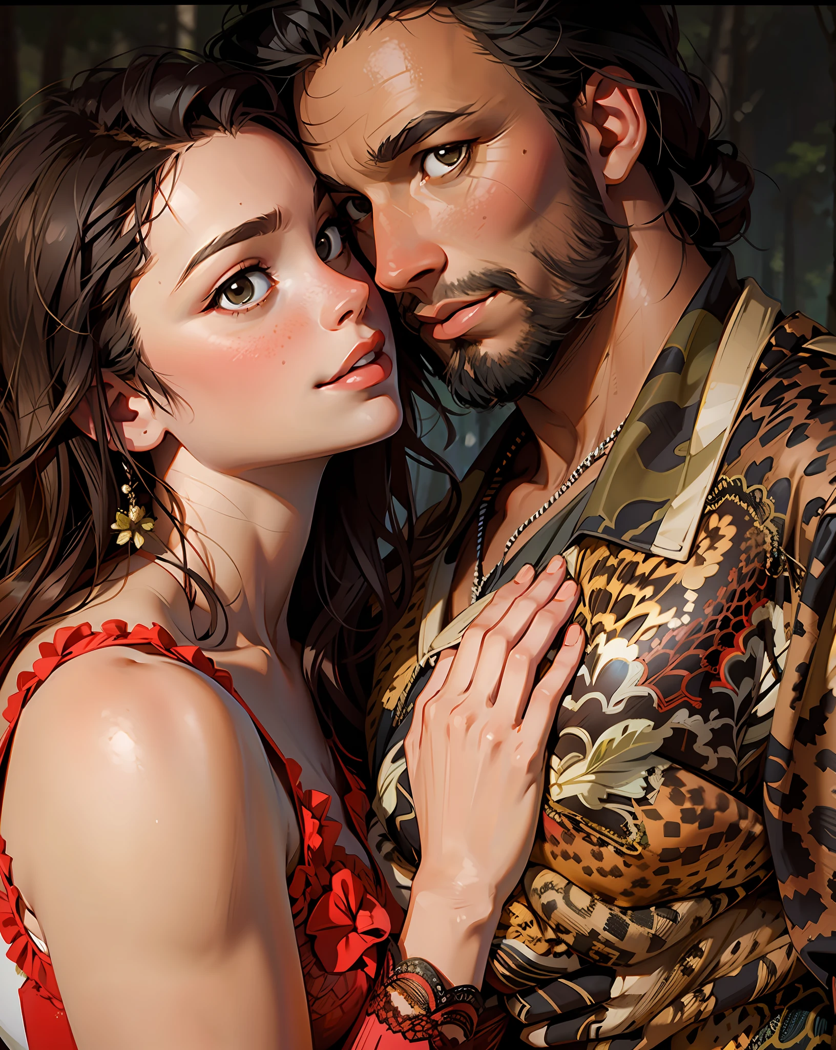 a hyper-realistic portrait of a young woman, smiling, under a tree, inside a forest, in the middle of nature, 22 years old, realistic, (lying on her side), sexy, (huge breasts 2:1), short brown hair, (hair tied with bows), curved, SFW
