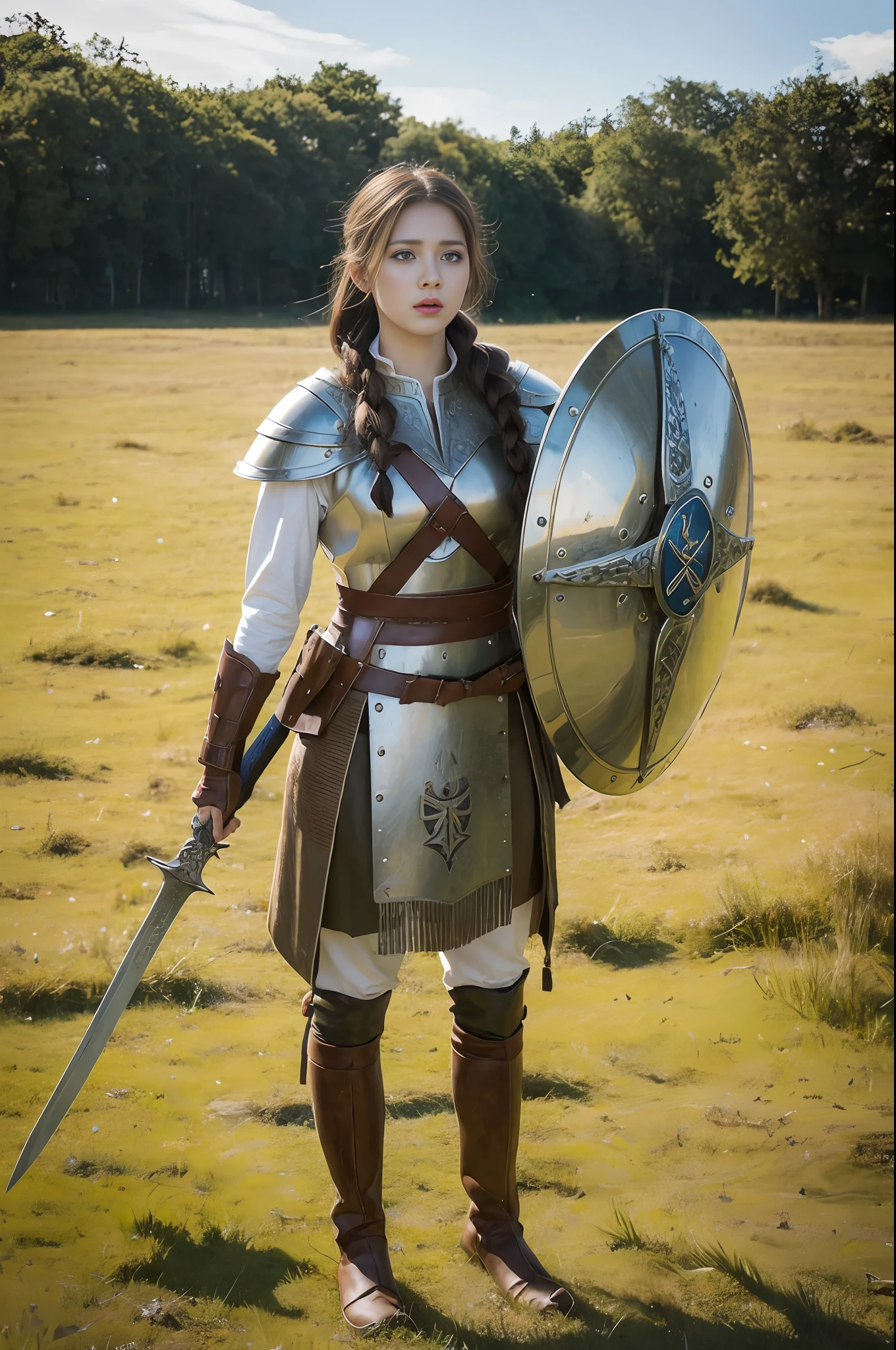 (best quality), masterpiece, (photo realistic:1.5), 8k quality, 1 beautiful woman, (full body:1.6), dark brown hair, updo hair, brown eyes, front, detailed face, beautiful eyes, angry, screaming, BREAK shield-maiden warrior of nordic vikings, holding a sword and shield, wearing vikings armour and boots, standing at a grassland, 30 years old