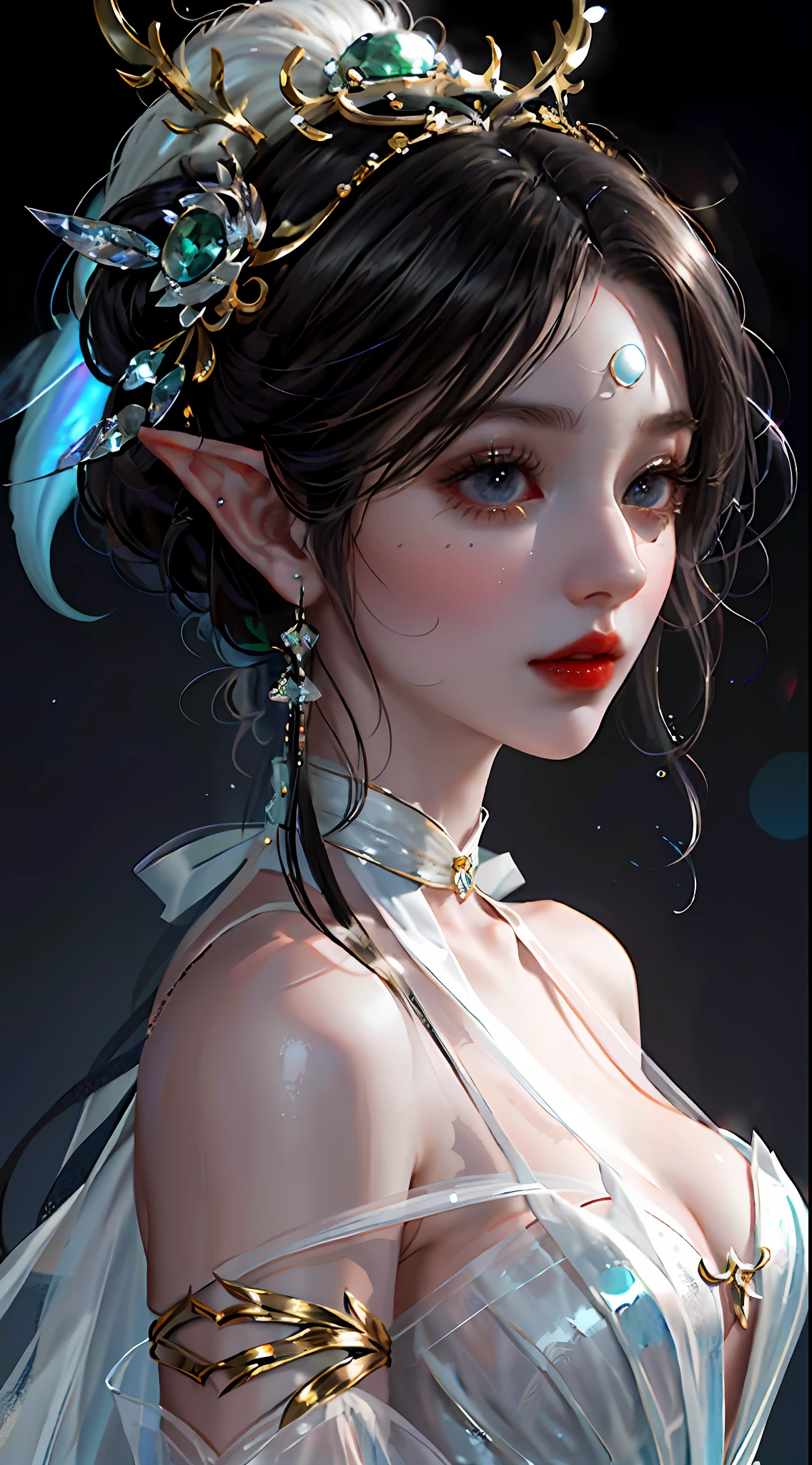 It is a breathtakingly close-up painting presented in digital art form. The painting depicts a beautiful and elegant female elf, elf character with a giggle, beautiful and elegant female elf, very beautiful portrait of an elf, she is full of fairy air. With long ears and a cute and charming appearance, the female elf has white skin like jade, exuding an extraordinary temperament that gives people a surreal feeling. The work presents extreme realism and is as captivating as a cute porcelain doll.