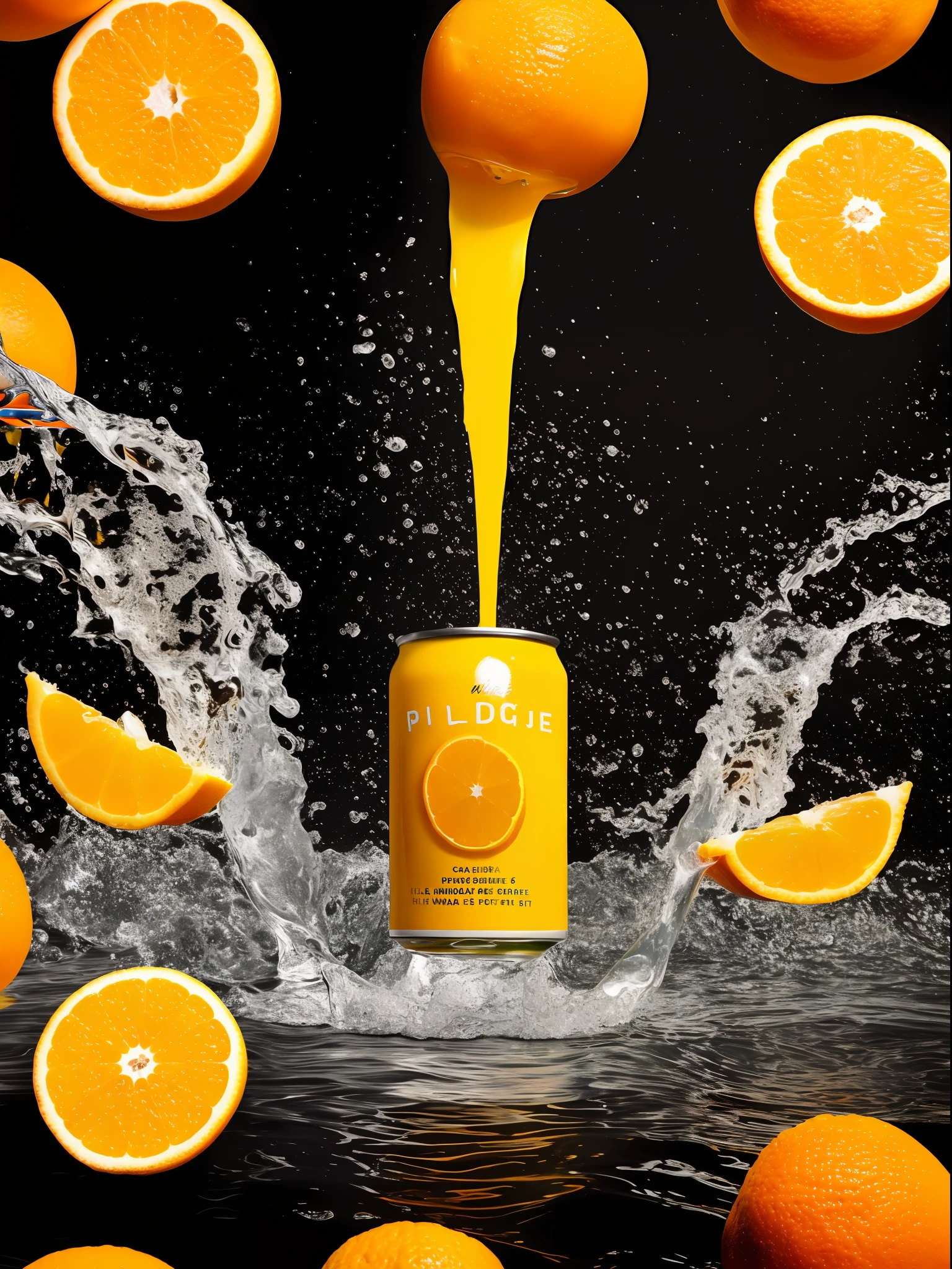 there is a can of orange juice floating in the water, oranges floating in the water, dramatic product photography, by Micha Klein, made of drink, interesting composition, poster for'unlimited juice ', detailed conceptual photography, by david rubín, realistic water, advertising photography, commercial product photography, drink, surreal water art, organic 8k artistic photography, 🌺 cgsociety