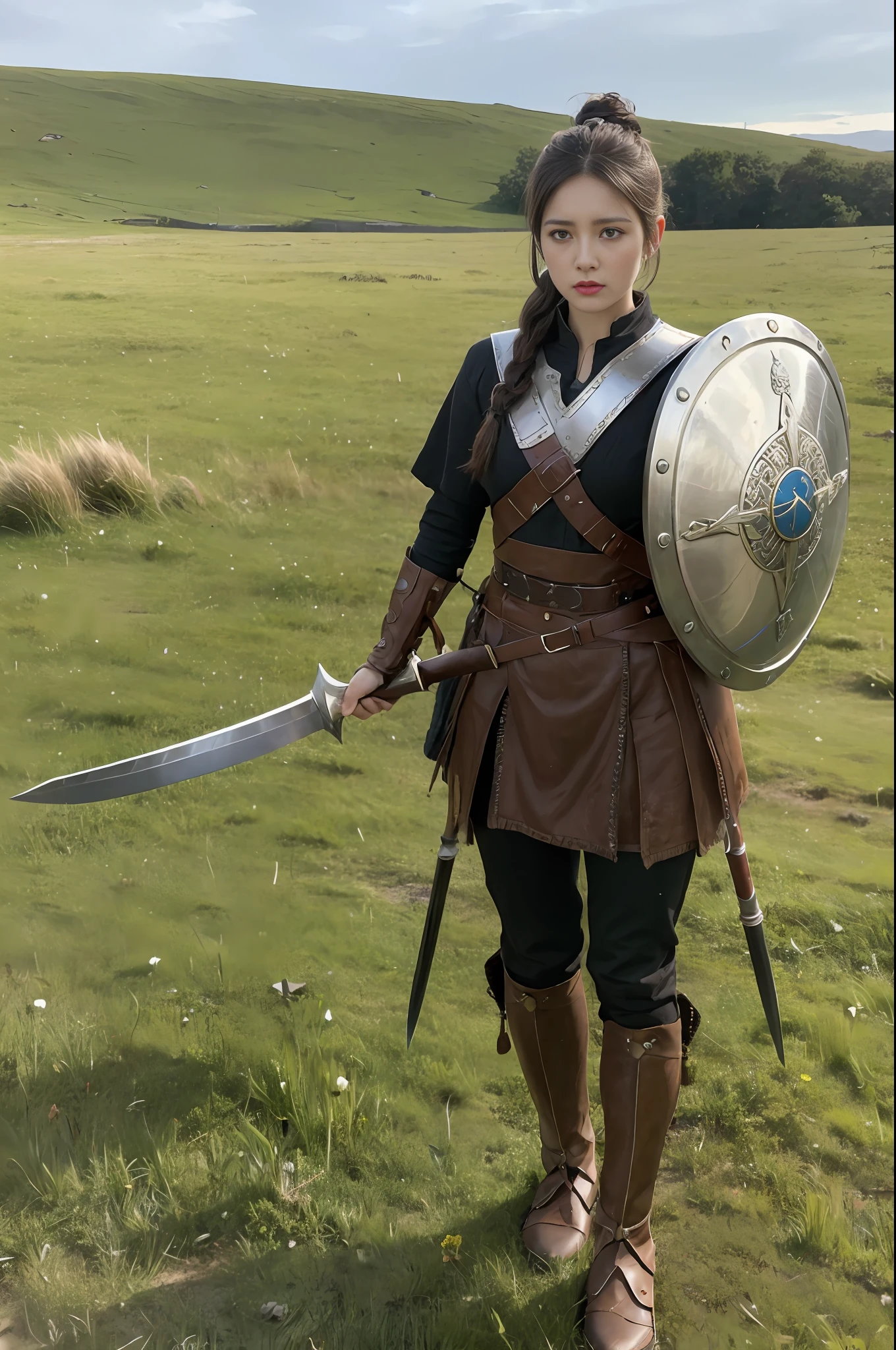 (best quality), masterpiece, (photo realistic:1.5), 8k quality, 1 beautiful woman, (full body:1.6), dark brown hair, updo hair, brown eyes, front, detailed face, beautiful eyes, angry, screaming, BREAK shield-maiden warrior of nordic vikings, holding a sword and shield, wearing vikings armour and boots, standing at a grassland, 30 years old