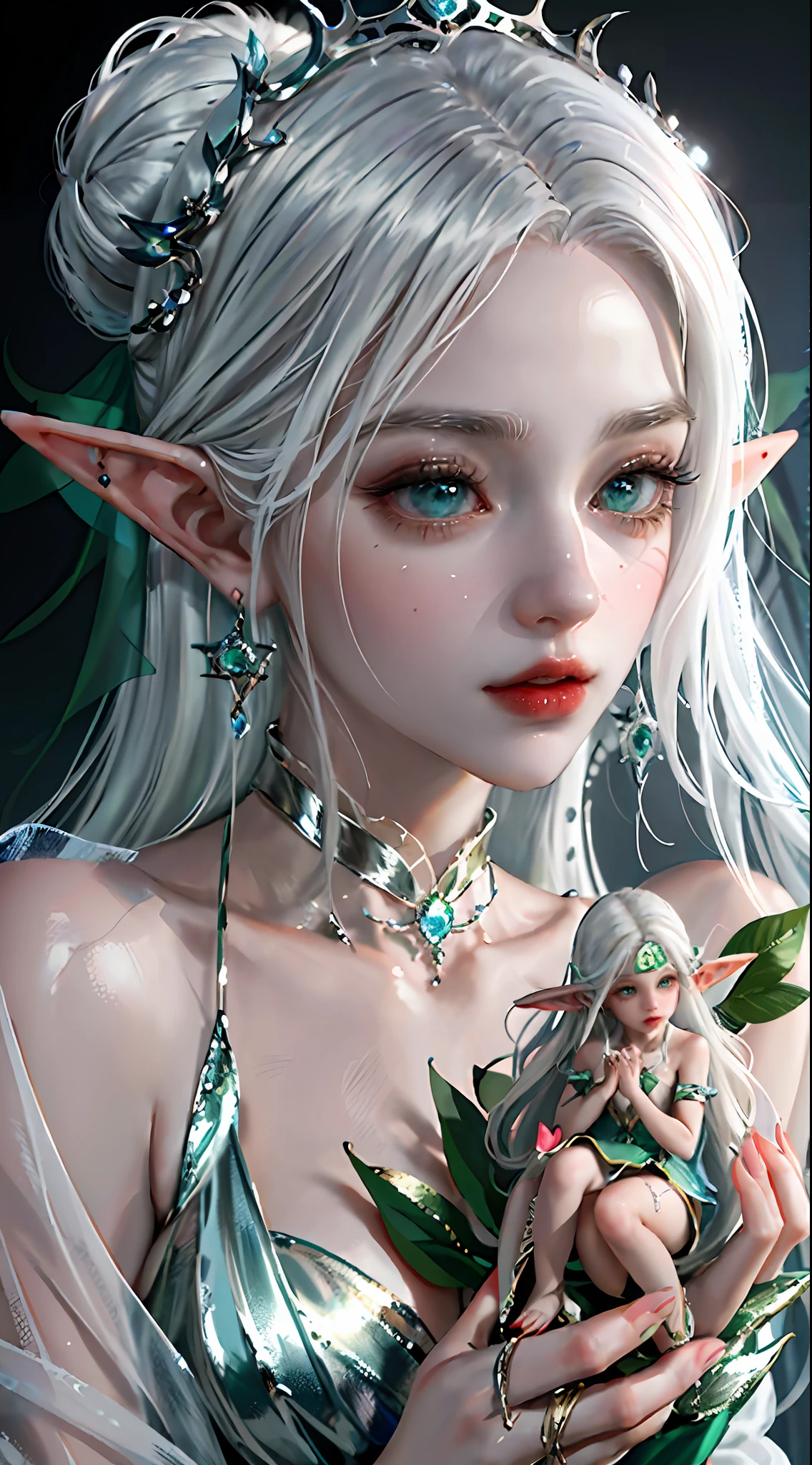 It is a breathtakingly close-up painting presented in digital art form. The painting depicts a beautiful and elegant female elf with white hair, anime girl with white hair and green eyes with white dress, elf character with a giggle, beautiful and elegant female elf, very beautiful portrait of a fairy, she is full of fairy. With long ears and a cute and charming appearance, the female elf has white skin like jade, exuding an extraordinary temperament that gives people a surreal feeling. The work presents extreme realism and is as captivating as a cute porcelain doll.