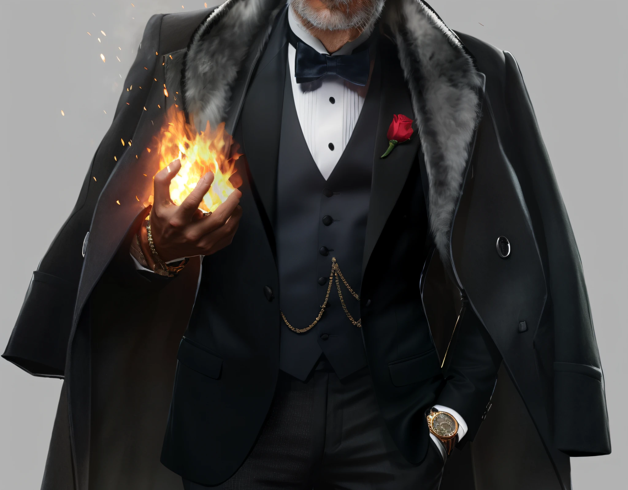 A gangster, the mysterious godfather, wearing the classic godfather suit, white shirt, black bow tie, black vest and black suit jacket, the outermost coat with fur collar, one hand in the pocket, one hand raised, palm burning, bloom, ((cold light)), sharp focus, photo realistic, detailed skin, background out of focus, cinematic composition , ultra-detailed, realistic , hyper-realistic , volumetric lighting, 8k, trending on artstation