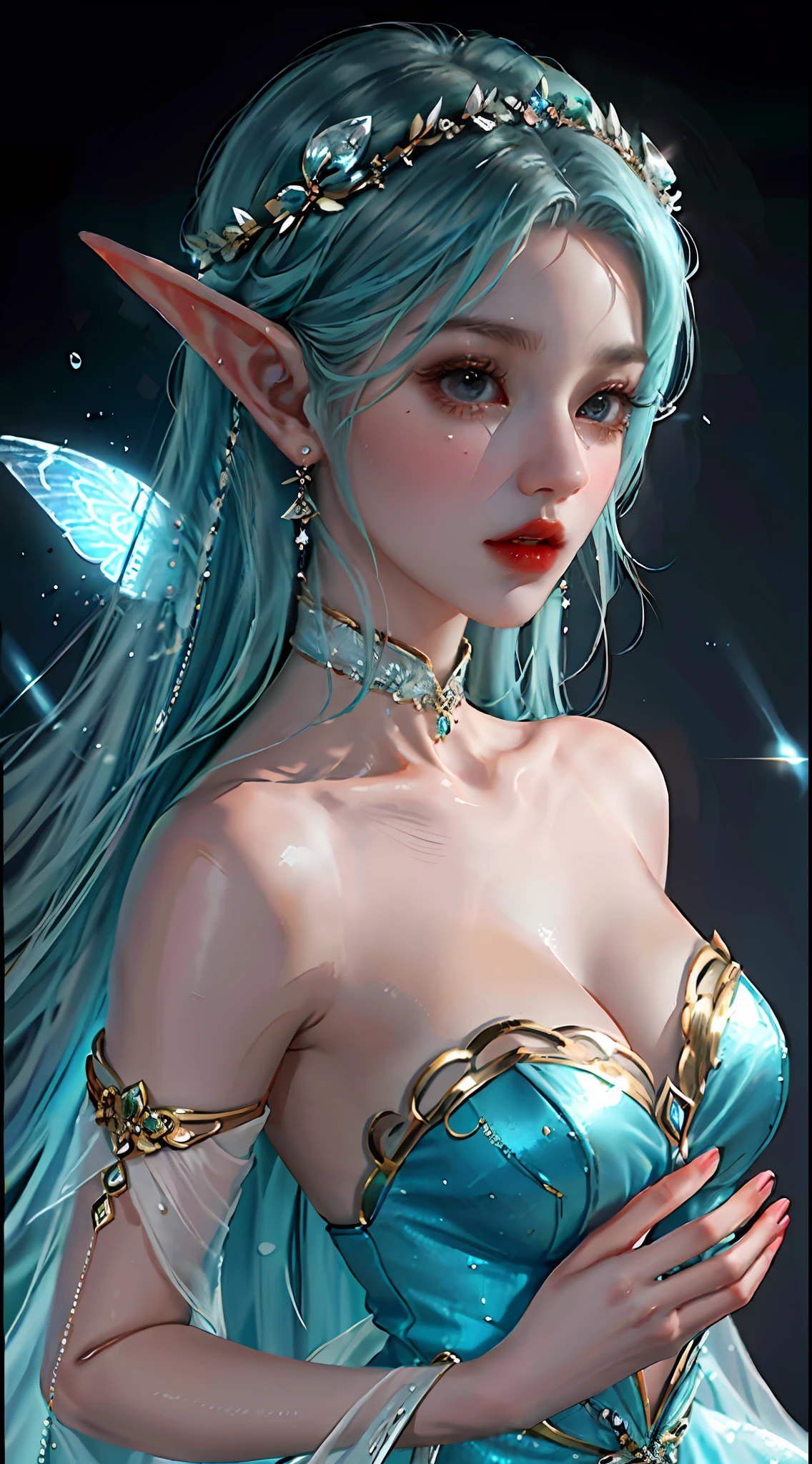 It is a breathtakingly close-up painting presented in digital art form. The painting depicts a beautiful and elegant female elf, elf character with a giggle, beautiful and elegant female elf, very beautiful portrait of an elf, she is full of fairy air. With long ears and a cute and charming appearance, the female elf has white skin like jade, exuding an extraordinary temperament that gives people a surreal feeling. The work presents extreme realism and is as captivating as a cute porcelain doll.