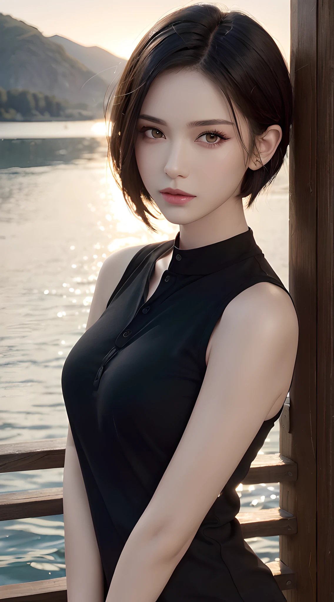 (RAW photo, high resolution, best quality, masterpiece:1.3), (realistic detailed, hyperrealistic, photorealistic: 1.2), shot by Canon EOS R6, Sharp focus, f/1.8, portrait, 1girl, very delicate and beautiful, beautiful detailed girl, very detailed eyes and face, triangular face, beautiful detailed eyes, (slender figure, thin waist), ((black henley shirt)), natural makeup, shiny lips, swept side stylish short hair, perfect style, (outdoor, dramatic lighting, rim lighting, lake, sunset ambient), cg, ultra-realistic, highest quality, super detailed