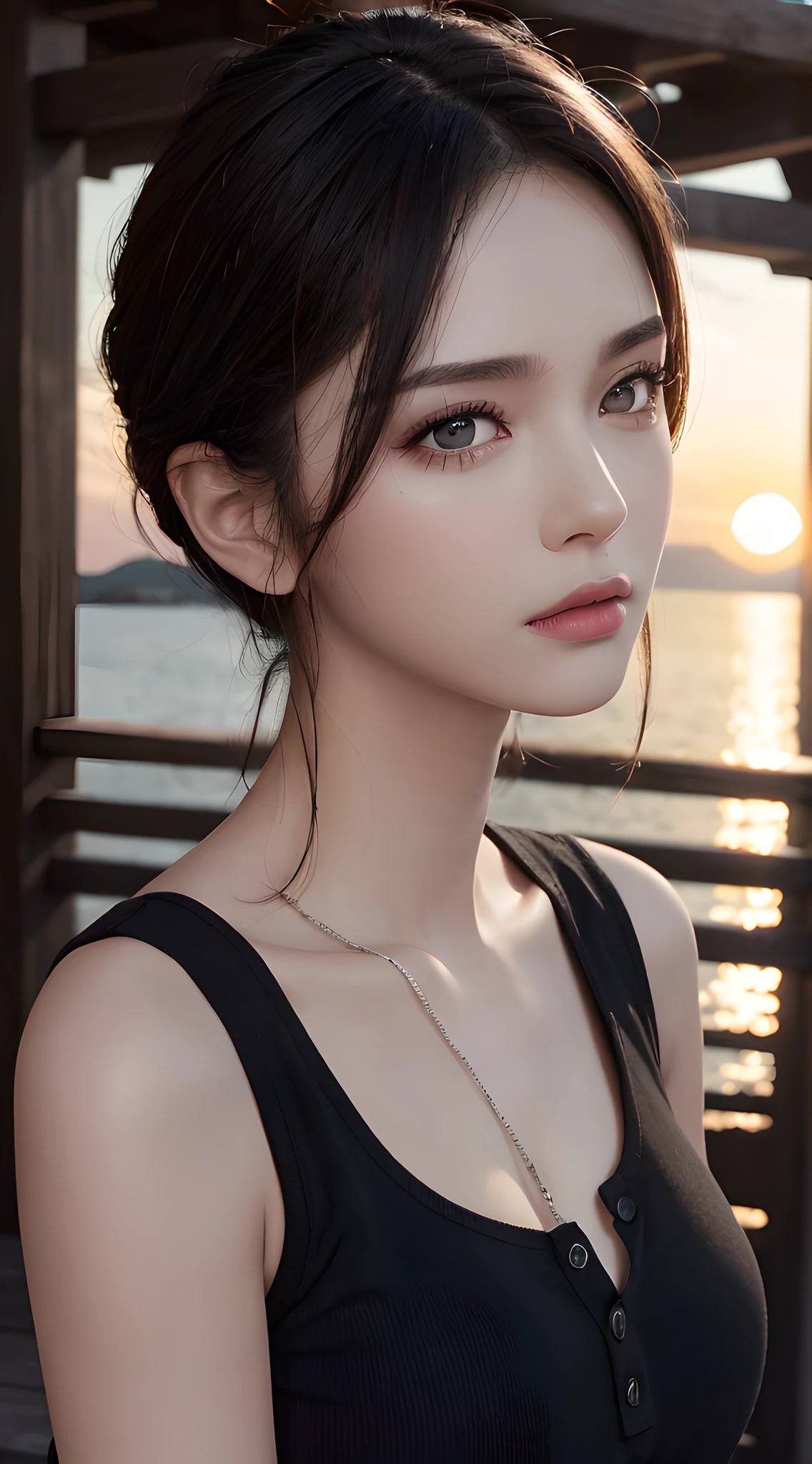 (RAW photo, high resolution, best quality, masterpiece:1.3), (realistic detailed, hyperrealistic, photorealistic: 1.2), shot by Canon EOS R6, Sharp focus, f/1.8, portrait, 1girl, very delicate and beautiful, beautiful detailed girl, very detailed eyes and face, triangular face, beautiful detailed eyes, (slender figure, thin waist), ((black henley shirt)), natural makeup, shiny lips, swept side stylish short hair, perfect style, (outdoor, dramatic lighting, rim lighting, sunset ambient), cg, ultra-realistic, highest quality, super detailed