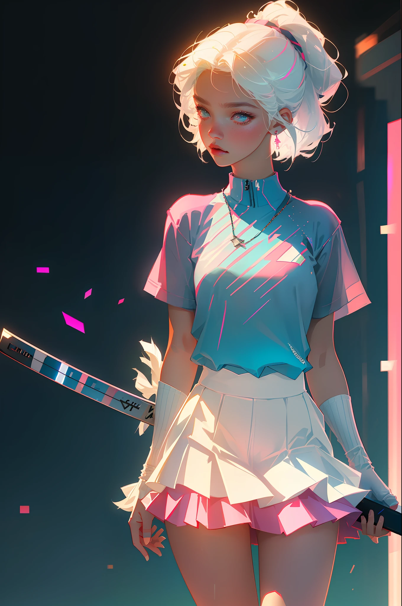Highest quality, perfect masterpiece, perfect art, 8K, (young and energetic girl, katana, wearing pink-blue-red color-block sneakers, urban style outfit, top is clean babes white T-shirt, light blue pleated skirt, socks with white as the main color pink stripe, with katana, the environment is a tennis court; The weather is clear and cloudy; The overall color tone is bright; thick coating style; Knife Pulling Action, Delicate Face, Girl with White Hair, (White Hair: 1.3), Short and Medium Hair, (Black Background: 1.3), Pearl Illusion, Cyberpunk, Fashion Trends, 3S Materials, HD, Detail Performance, C4D, 3D, Octane Rendering, Ray Tracing, Intricate Details, Animated Lighting, OCrenderer, 8k,