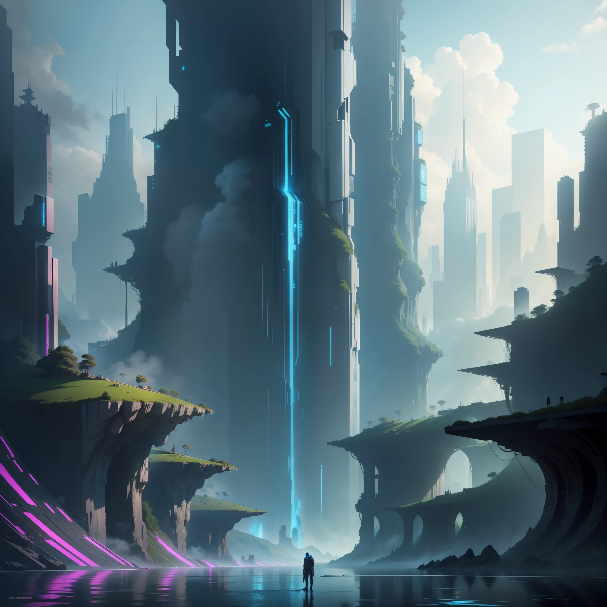 Cyberpunk Skyscrapers Future World Giant Waterfall Sci-Fi Top Quality Masterpiece