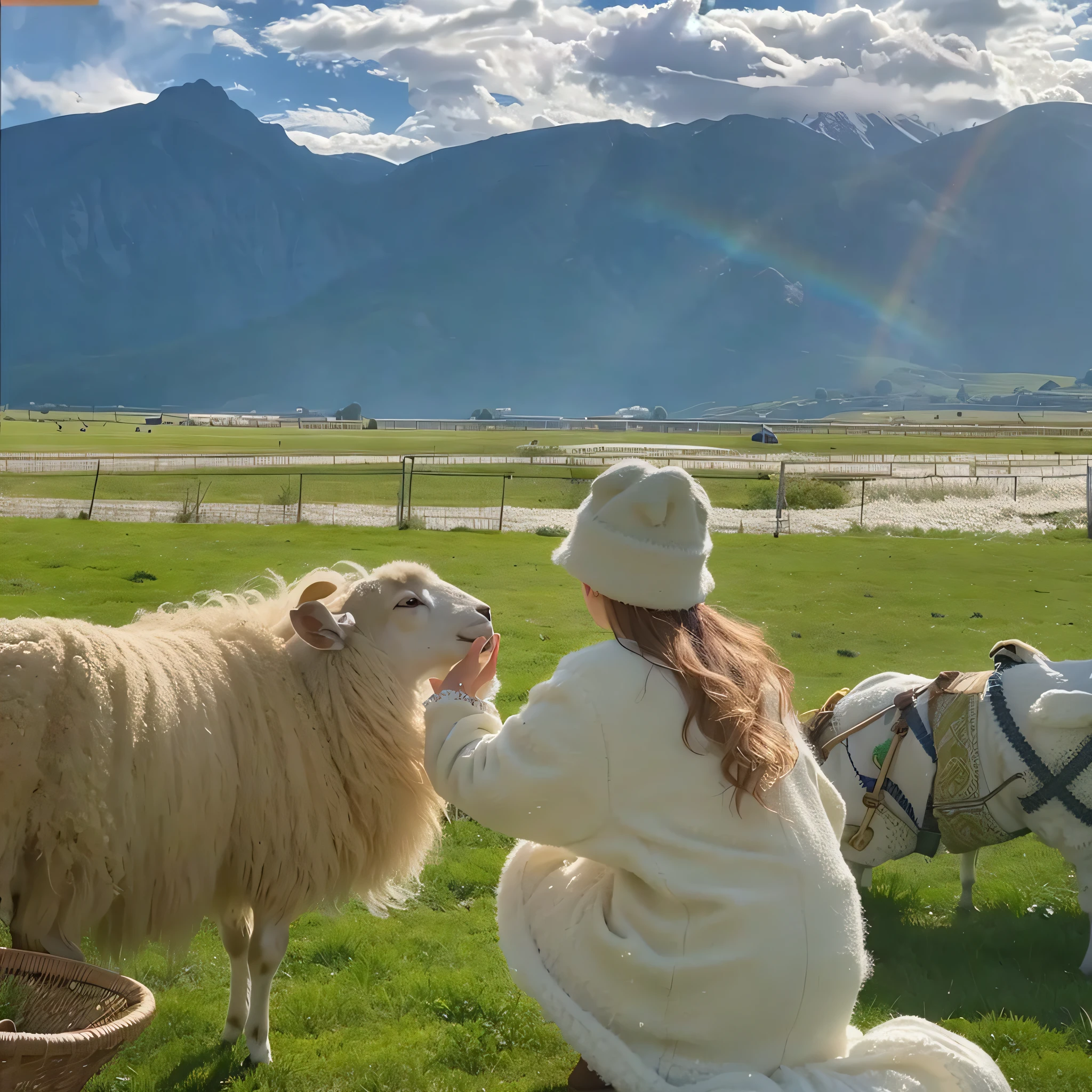 there is a woman kneeling down petting a sheep in a field, girl and a goat, 🌻🎹🎼, woman in a sheep costume, gorgeous lady, 2 0 2 2 photo, exclusive, rainbow sheep like cotton candy, sha xi, summer, on a sunny day, beautiful lady, 🐎🍑, white hanfu, lady, sheep wool