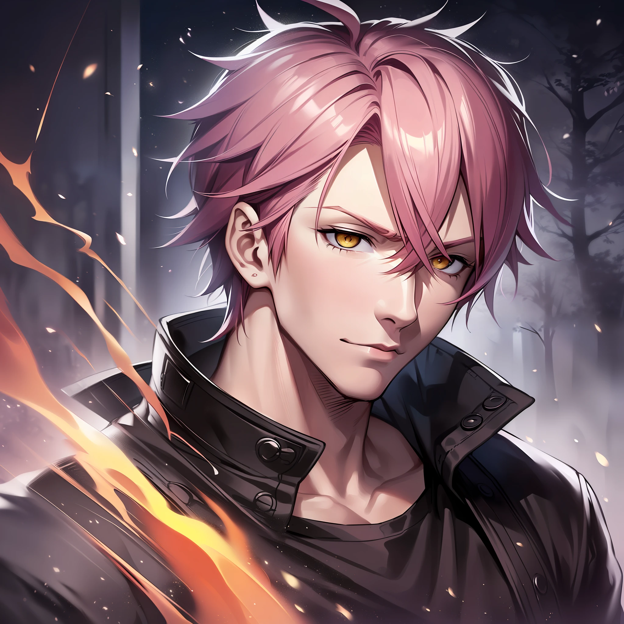anime image of a man with dark pink hair and yellow eyes, short hair, spiky hair, 1man, solo man, anime handsome man, name of the character is chad, pink - haired anime boy, male anime character, expressionless, emotionless, head shot, close up shot, deep in a forest, dark night, night, black night, deep night, night sky, ninja clothing, japanese clothing, dark clothing