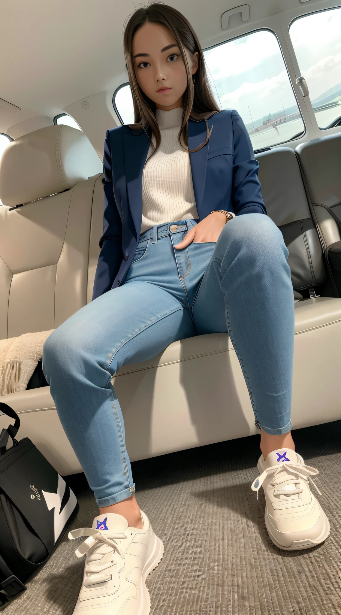 A long-legged girl in a suit, (blue) skinny denim trousers and sneakers sits in the coach