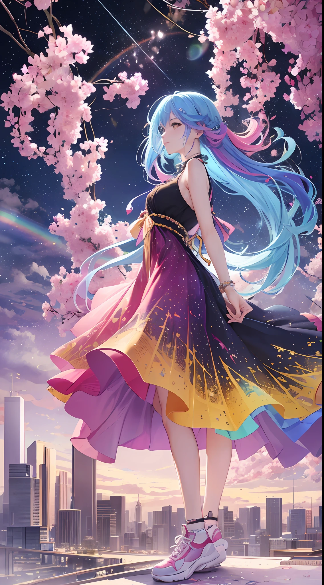 (beautiful skyline, magnificent sky), (great tension and dramatic graphics, moving visuals), (hanging north star, colorful natural light), (masterpiece, top quality, best quality, watercolor (middle), official art, Beauty and aesthetics: 1.2), (1 girl: 1.3), (fractal art: 1.3), beautiful girl, lower body, pink dress, red long dress, light blue sunglasses, golden piercings, colorful sneakers, viewing audience, patterns, (rainbow hair, colorful hair, half blue and half pink hair: 1.2),