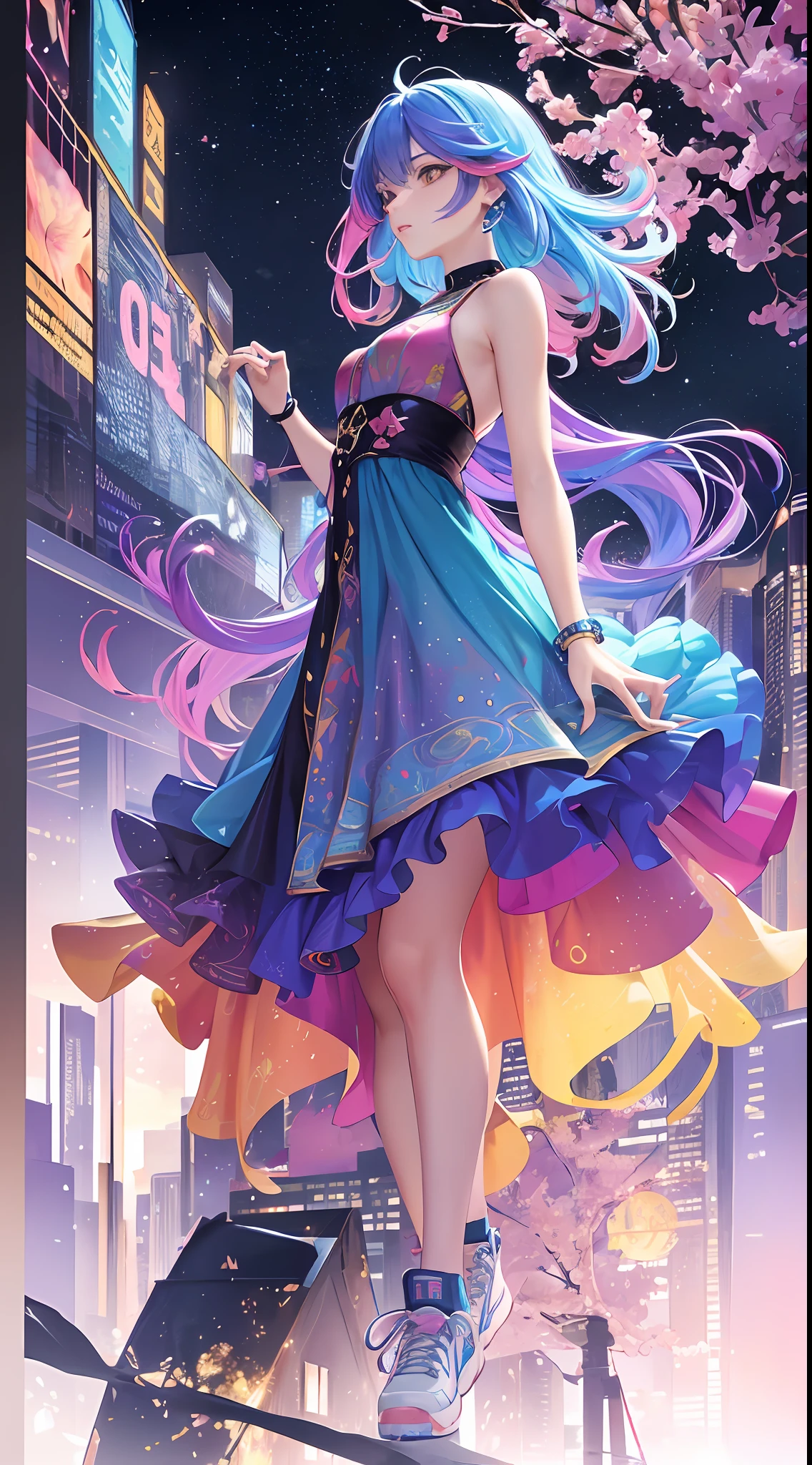 (beautiful skyline, magnificent sky), (great tension and dramatic graphics, moving visuals), (hanging north star, colorful natural light), (masterpiece, top quality, best quality, watercolor (middle), official art, Beauty and aesthetics: 1.2), (1 girl: 1.3), (fractal art: 1.3), beautiful girl, lower body, pink dress, red long dress, light blue sunglasses, golden piercings, colorful sneakers, viewing audience, patterns, (rainbow hair, colorful hair, half blue and half pink hair: 1.2),