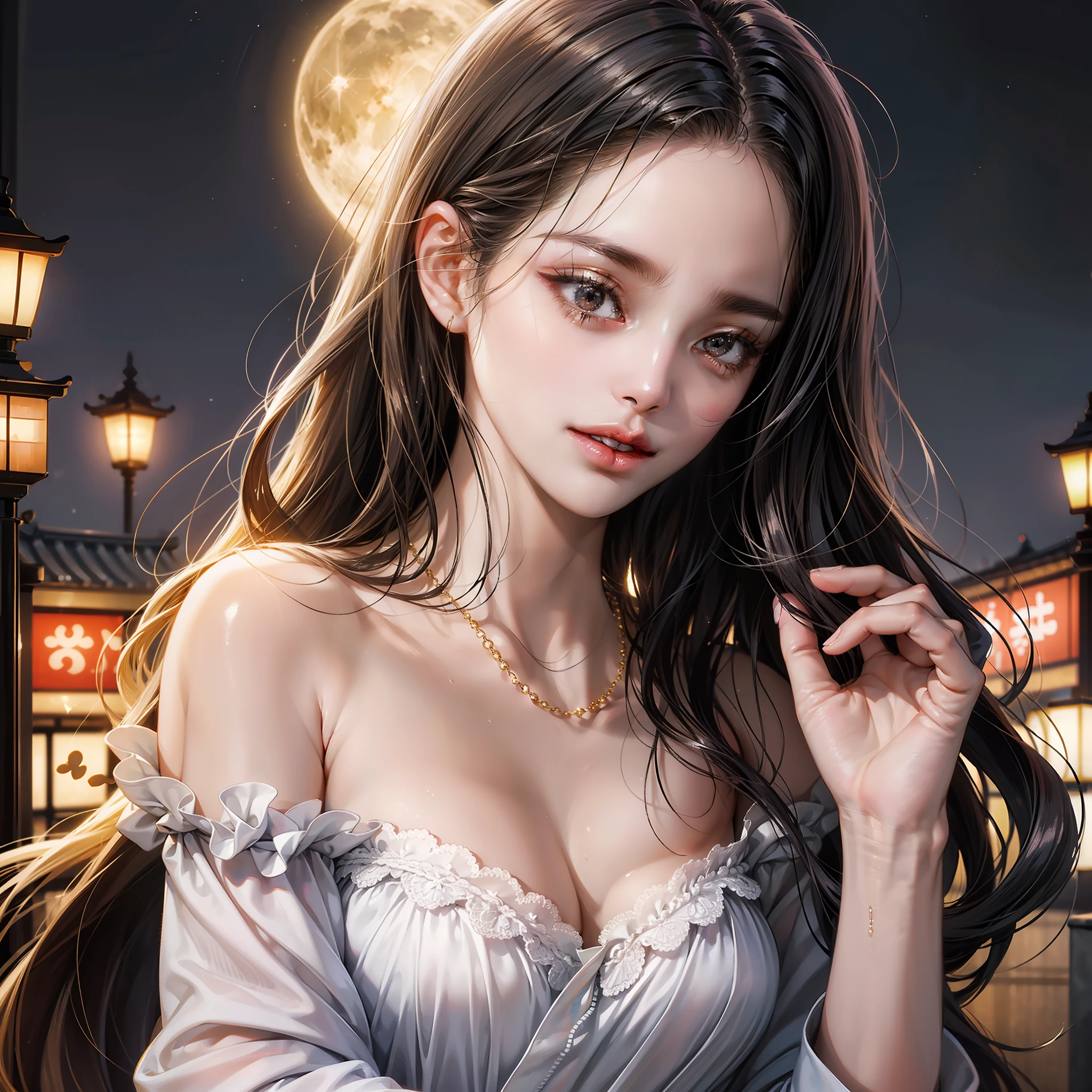 (absurd, high resolution, super detail), face close-up, face emphasis, face-oriented, high position, beautiful, 22, 18, long straight hair, shiny beautiful hair, beautiful skin, luscious skin, beautiful eyes, with bangs, off the shoulder, eye highlights, unbroken hands, rich lighting, large breasts, pale pink lips, soft lips, slightly open mouth, wide-eyed, uniform 8K wallpaper with high definition CG, attention to detail, portrait, gaze, solo, half shot, detailed face, slightly smiling, dynamic pose, (Contemporary Japanese subject: 1. 1), contemporary style clothing, black Dress, Black Gloves, Lace Dress, Golden Hair, Contemporary Subjects, (Thriving Civilization: 1.1), (Pure White: 1.1,) Buildings, Roppongi, Ginza, Kabukicho, Neon Lights, Japanese Landscape, Fantastic, Romantic, Dance of Light, Glitter, Severity, Majesty, Night, Darkness, Stars, Moon In Background, Portrait Film lighting, Necklace, Date scene