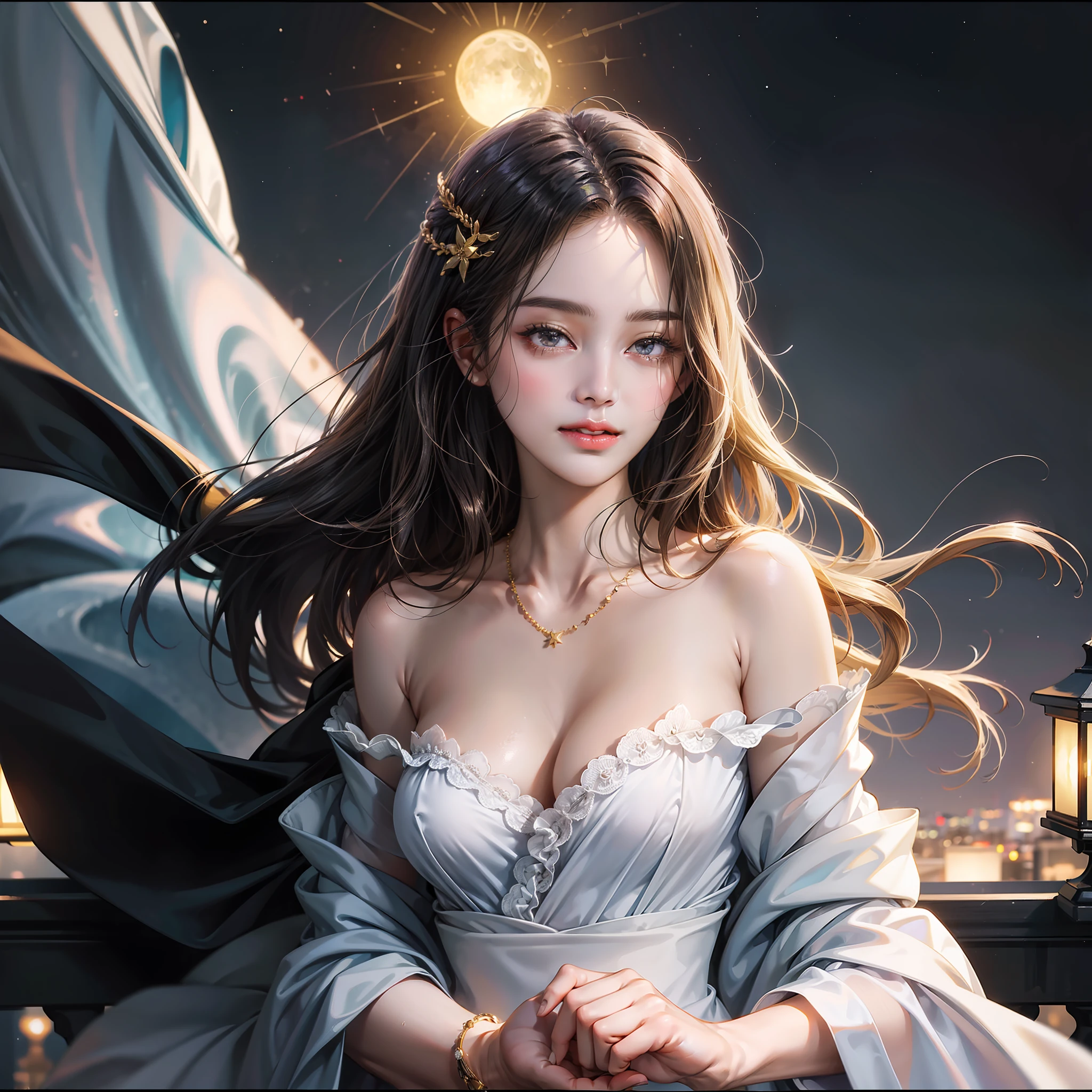 (absurd, high res, super detail), face up, face enhancement, face focused, dutch angle shot, beautiful, 22, 18, long straight hair, shiny beautiful hair, beautiful skin, luscious skin, beautiful eyes, with bangs, off shoulder, eye highlights, unbroken hands, rich lighting, large breasts, pale pink lips, soft lips, slightly open mouth, wide-eyed, uniform 8K wallpaper with high definition CG, attention to detail, portrait, gaze, solo, half shot, detailed face, slightly smiling, dynamic pose, (Contemporary Japanese Subject: 1. 1), contemporary style clothing, Black Dress, Black Gloves, Lace Dress, Golden Hair, Contemporary Subjects, (Thriving Civilization: 1.1), (Pure White: 1.1,) Buildings, Roppongi, Ginza, Kabukicho, Neon Lights, Japanese Landscape, Fantastic, Romantic, Light Dance, Glitter, Severity, Majesty, Night, Darkness, Stars, Moon in Background, Portrait, film lighting, necklace, date scene