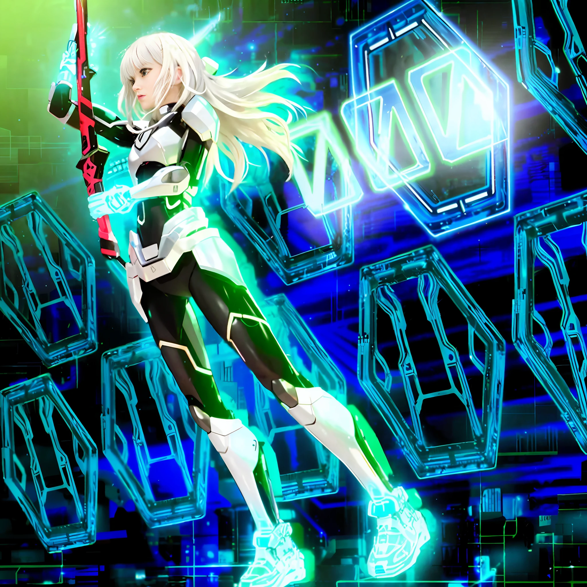 a close up of a person holding a sword in a neon lit room, holographic blade!, cybernetic wallpaper, clothed in cyber armour, cyber fight armor, cyber japan armor, cyborg - girl with silver hair, cyber armour, anime cyborg, gear aurora, cyber japan style armor, neon armor, girl in mecha cyber armor, cyber armor