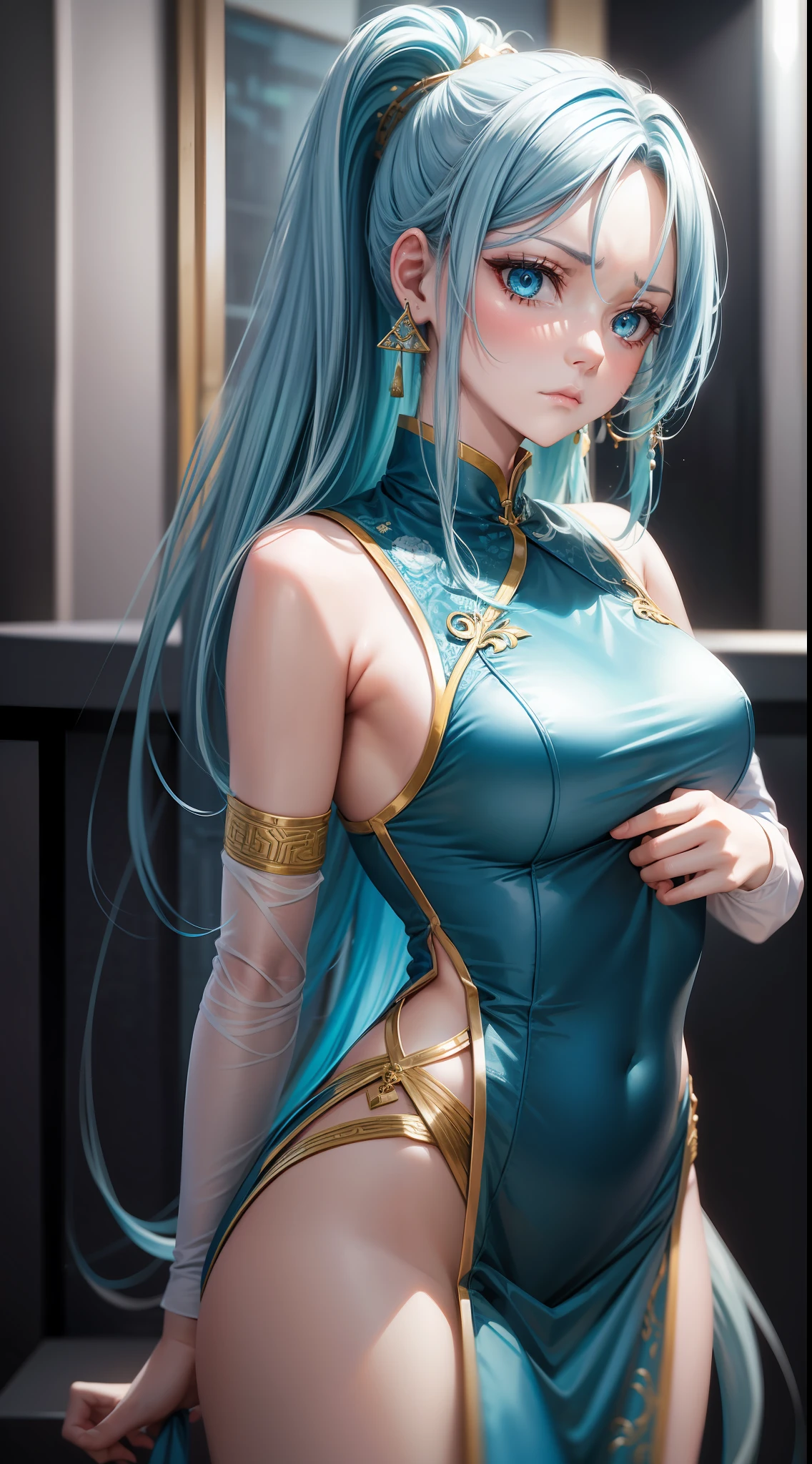 Adult girl, long blue hair with white strands, high ponytail, cyan eyes, blue and white sleeveless Chinese dress, fan, gold jewelry, frown, security guards, masterpiece, high quality