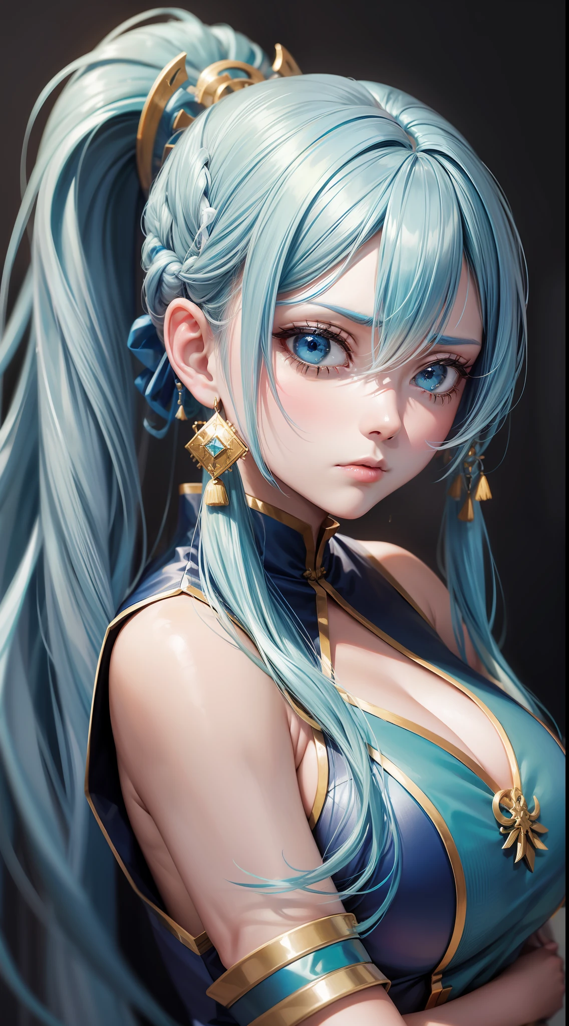 Adult girl, long blue hair with white strands, high ponytail, cyan eyes, blue and white sleeveless Chinese dress, fan, gold jewelry, frown, security guards, masterpiece, high quality