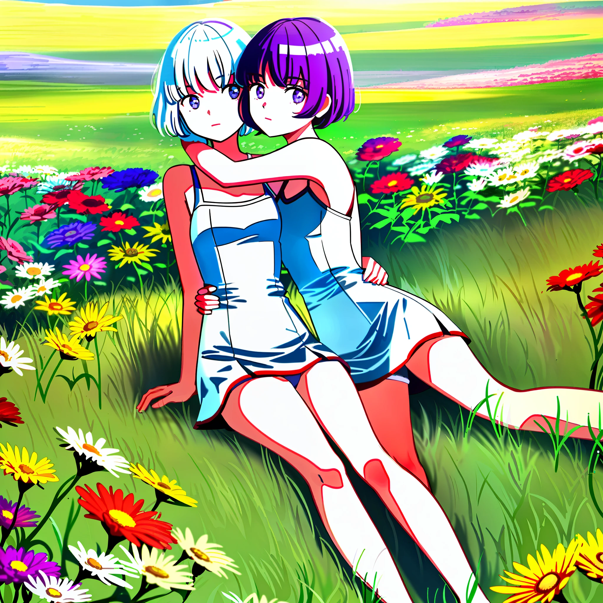 1 18 girls with short white hair, wearing a top and white panties, sitting on the grass with their legs hugged, surrounded by hills and fields, red, blue, yellow, purple flowers in the depth of field, and flower decorations in their hair, under the sun, the whole scene is warm and bright.
