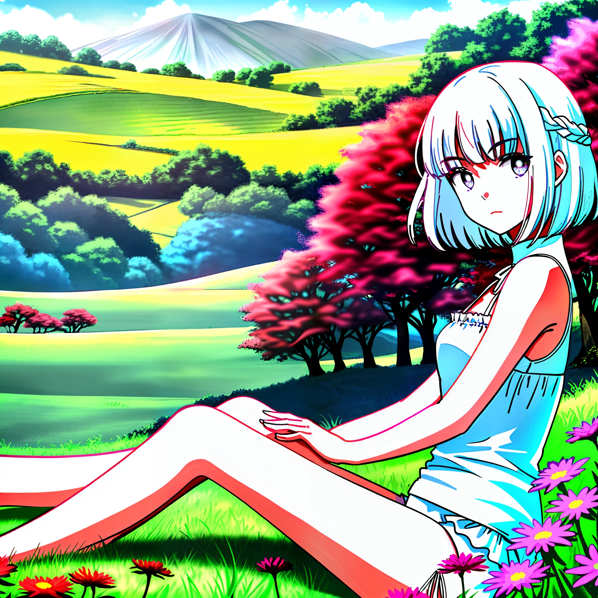 1 18 girls with short white hair, wearing a top and white panties, sitting on the grass with their legs hugged, surrounded by hills and fields, red, blue, yellow, purple flowers in the depth of field, and flower decorations in their hair, under the sun, the whole scene is warm and bright.