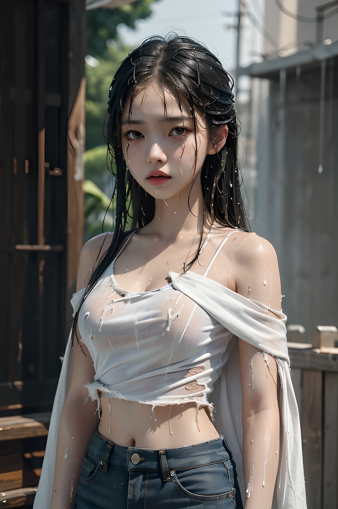 Best picture quality, masterpiece, ultra high resolution, (fidelity :1.4), photo, 1 girl,[(sadness)],white shirt, Dim, dark, desperate, pitying, pitiful, cinematic,tear,teardrop,(Torn clothes:1.5), (Wet clothes:1.4), bare shoulders,Real rain,wet hair,..