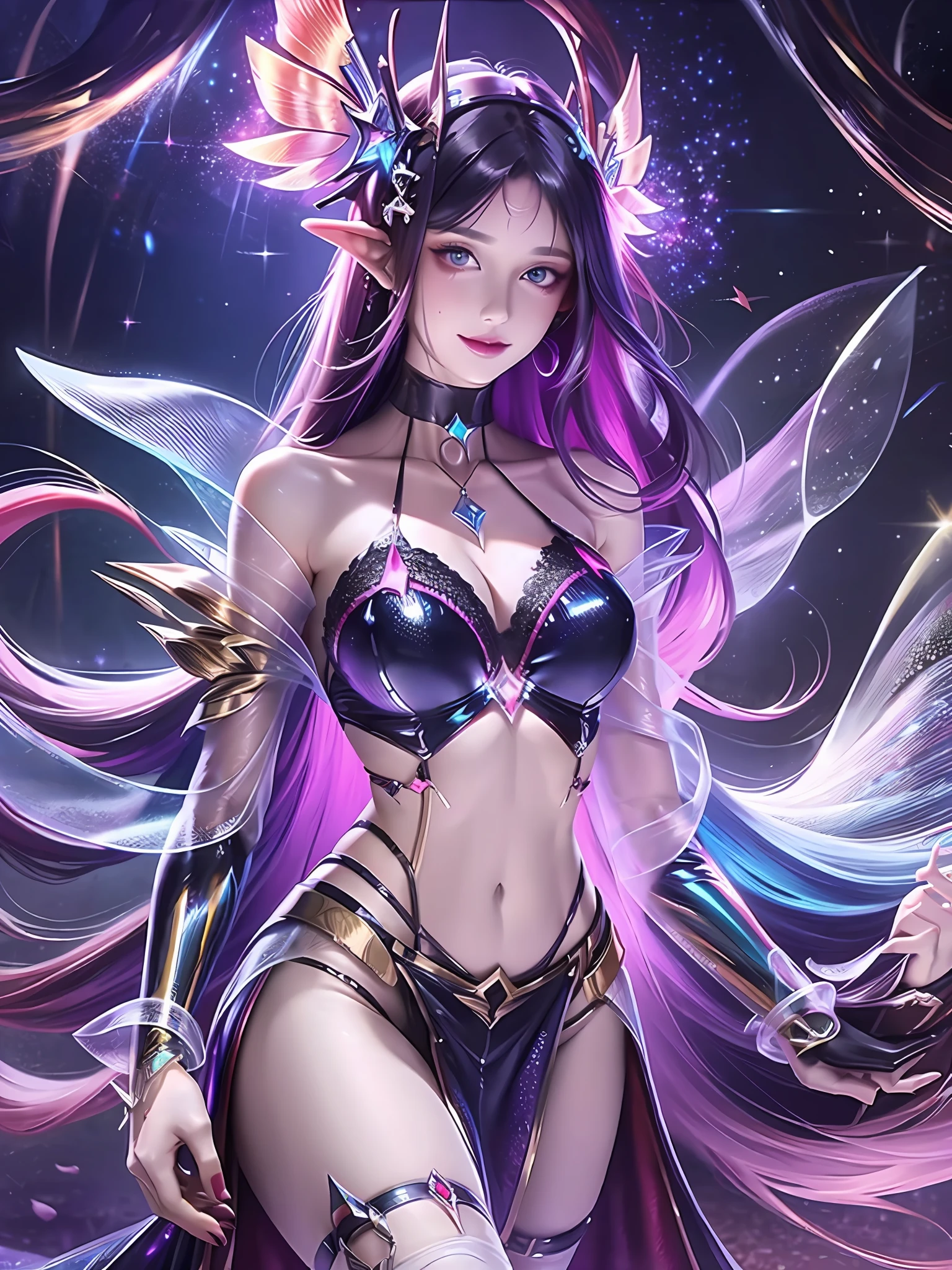 sexy full shot body photo of the most beautiful artwork in the world, illustration, cinematic light, fantasy, highest quality, ultra detailed, best quality, masterpiece, (detailed face), sexy goth girl wears a bikini and (torn) fullbody (transparent galaxy) cloths coat, floating cloth, choker, glowing (elder underworld fantasy) forest plants with neon details, open shoulders, tiny glowing butterfly, (focus on body:1.25), night, small mutated animals in background, torn mini skirt ,a potion on hip, shoulder pads emitting magic energy, cameltoe, dark, light reflection
