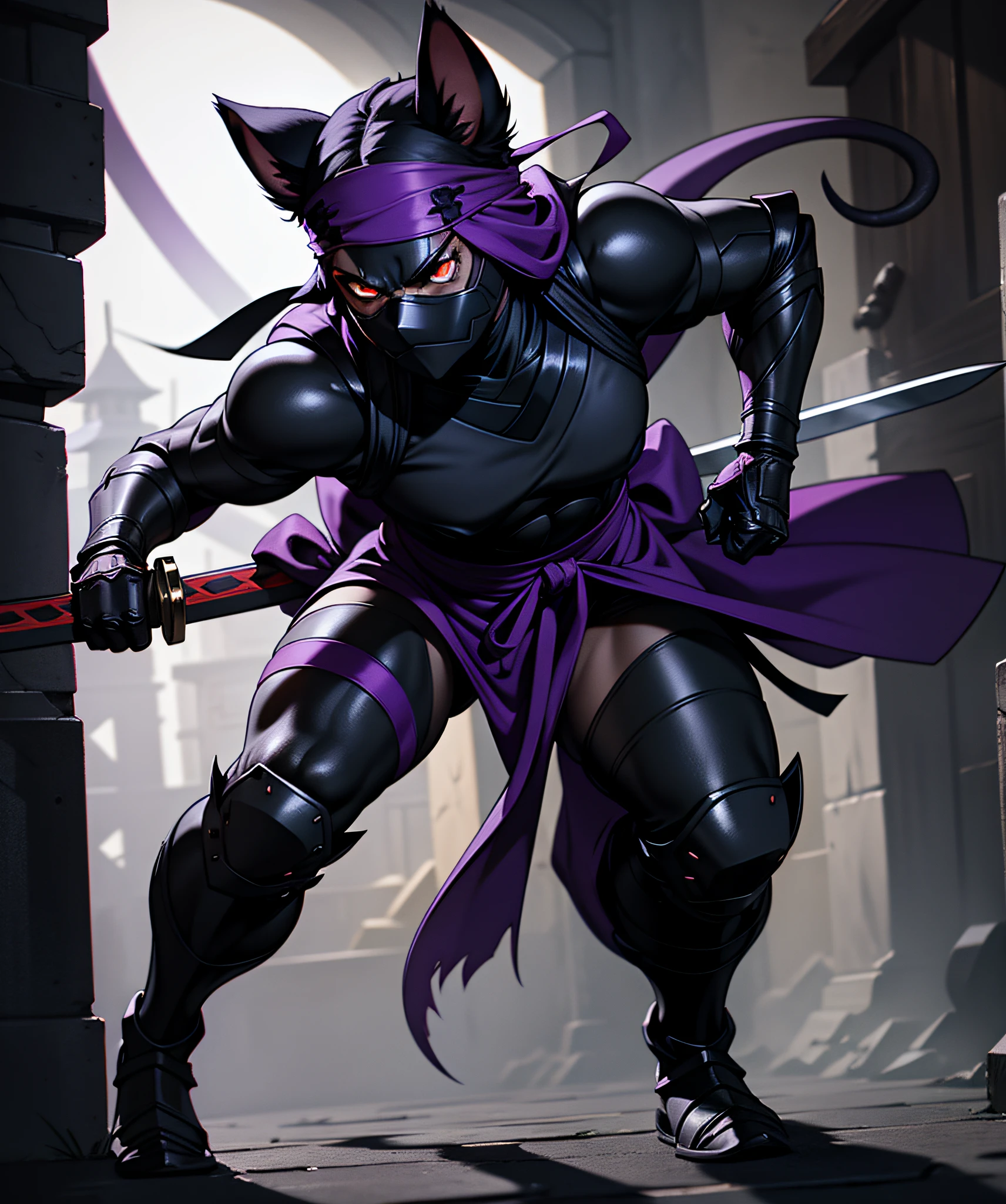 Rat, ebony black fur, creepy glowing white eyes, purple Ninja armor, ninja star headband, red tuft of hair, ninja sword, this creature lurks in the shadows waiting to attack, Masterpiece, best quality