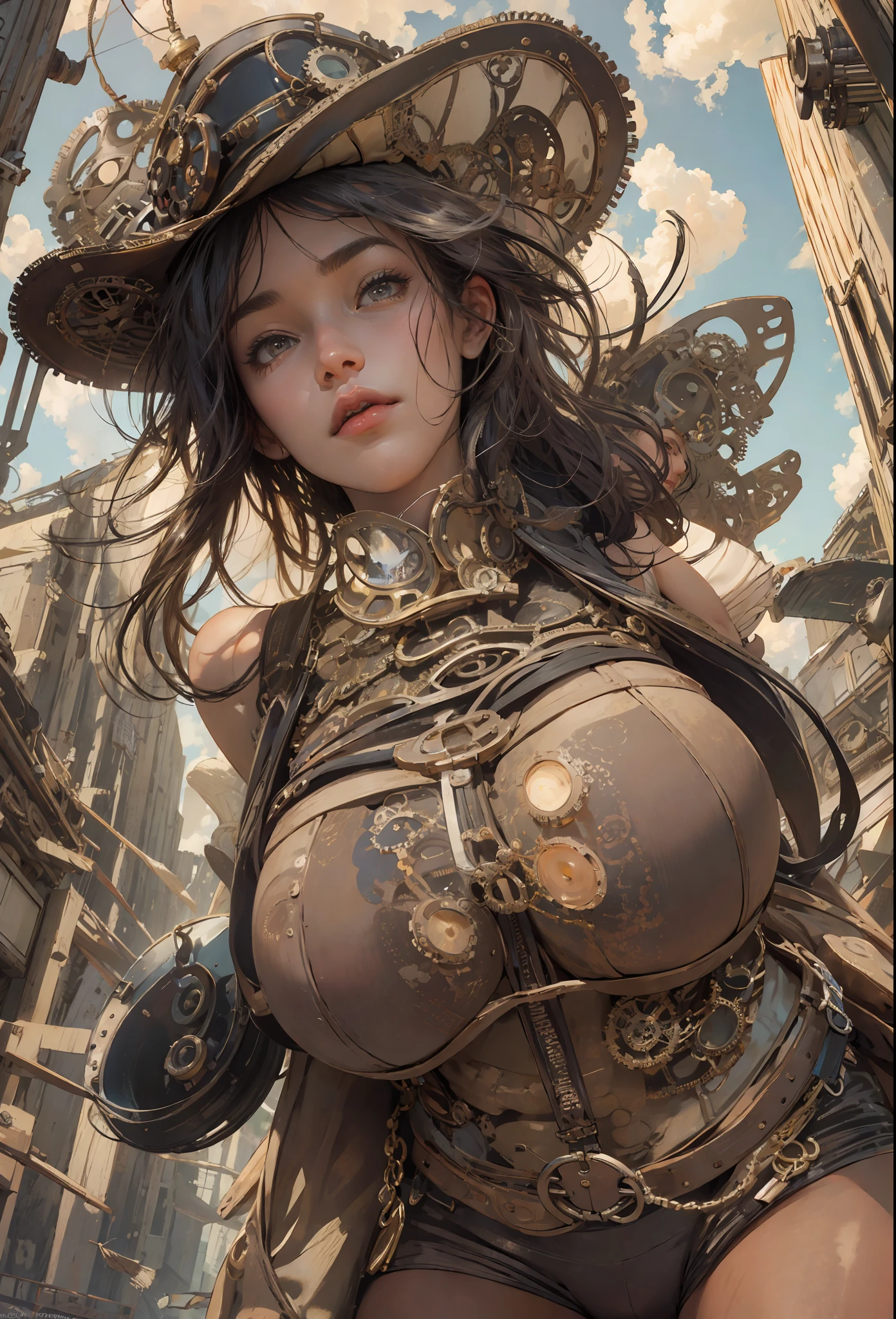 Woman, (((from below))), busy city, foreshortening, (seductive pose,gigantic sagging breast, very marked,cameltoe), looking at the viewer, crazy, blackcutoffs, (eye contact), African, photorealistic, masterpiece, realistic, high contrast, hyper detailed, best quality, ultra high resolution, photorealistic, high resolution, detailed, raw photo, (((steampunk style)))