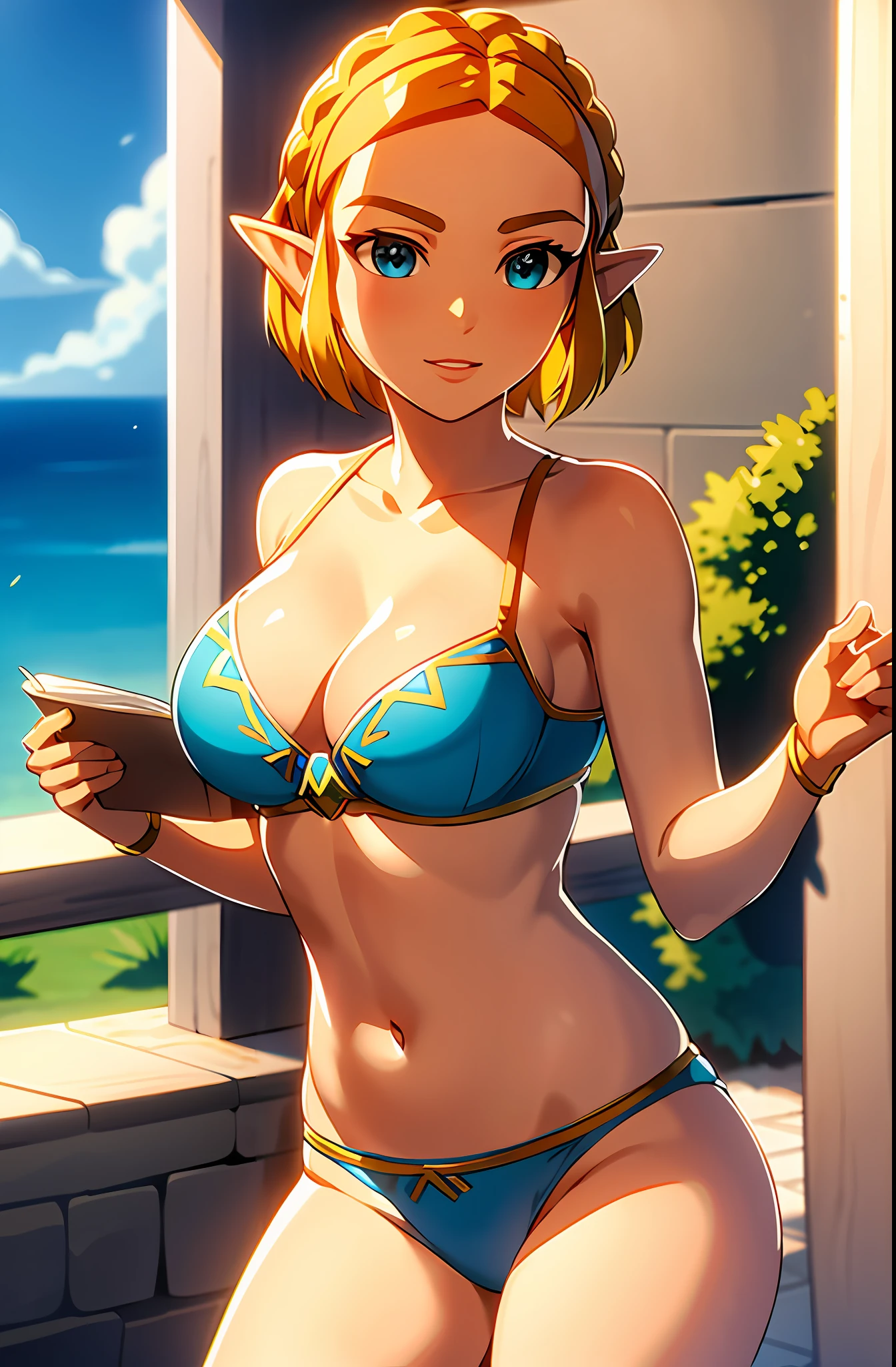 masterpiece,best quality,zelda\(princess\), 1girl, solo, large breasts,short_hair, cleavage, bare arms, sleeveless, bra, panties, topless,