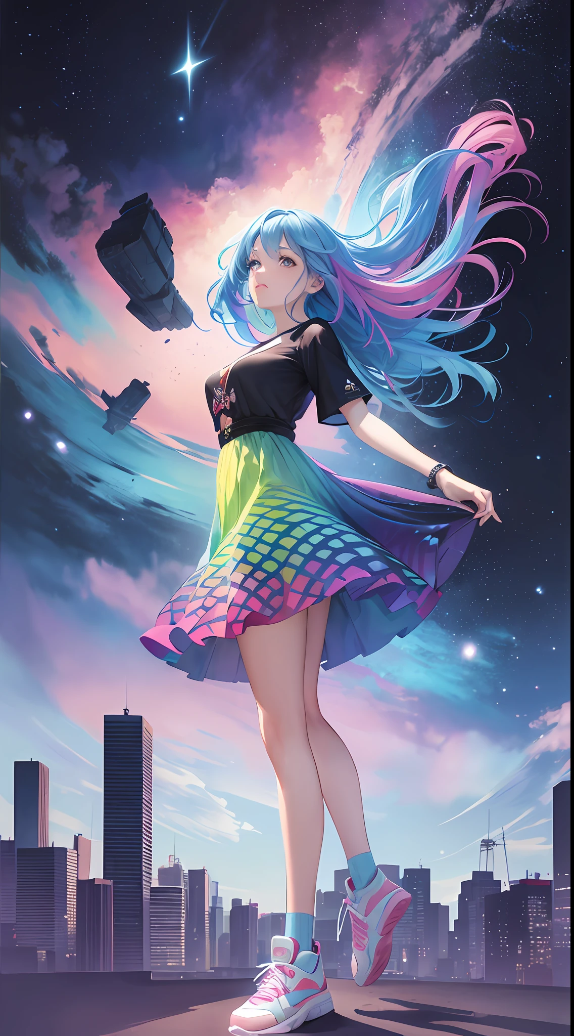 (beautiful skyline, magnificent sky), (great tension and dramatic graphics, moving visuals), (hanging north star, colorful natural light), (masterpiece, top quality, best quality, watercolor (middle), official art, Beauty and aesthetics: 1.2), (1 girl: 1.3), (fractal art: 1.3), beautiful girl, lower body, pink dress, red long skirt, light blue big eyes, colorful sneakers, watch audience, pattern, (rainbow hair, colorful hair, half blue and half pink hair: 1.2),