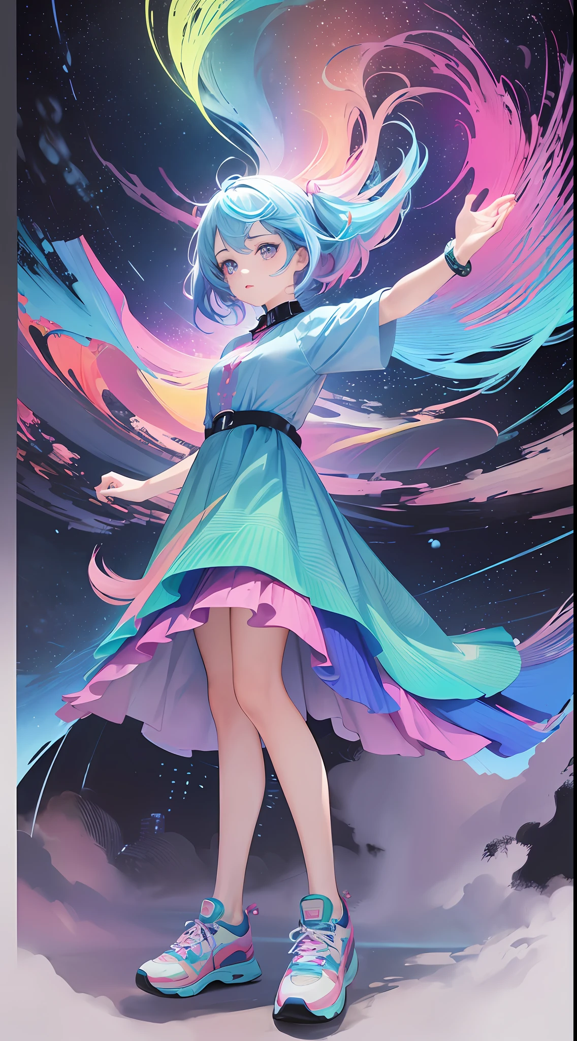 (beautiful skyline, magnificent sky), (great tension and dramatic graphics, moving visuals), (hanging north star, colorful natural light), (masterpiece, top quality, best quality, watercolor (middle), official art, Beauty and aesthetics: 1.2), (1 girl: 1.3), (fractal art: 1.3), beautiful girl, lower body, pink dress, red long skirt, light blue big eyes, colorful sneakers, watch audience, pattern, (rainbow hair, colorful hair, half blue and half pink hair: 1.2),