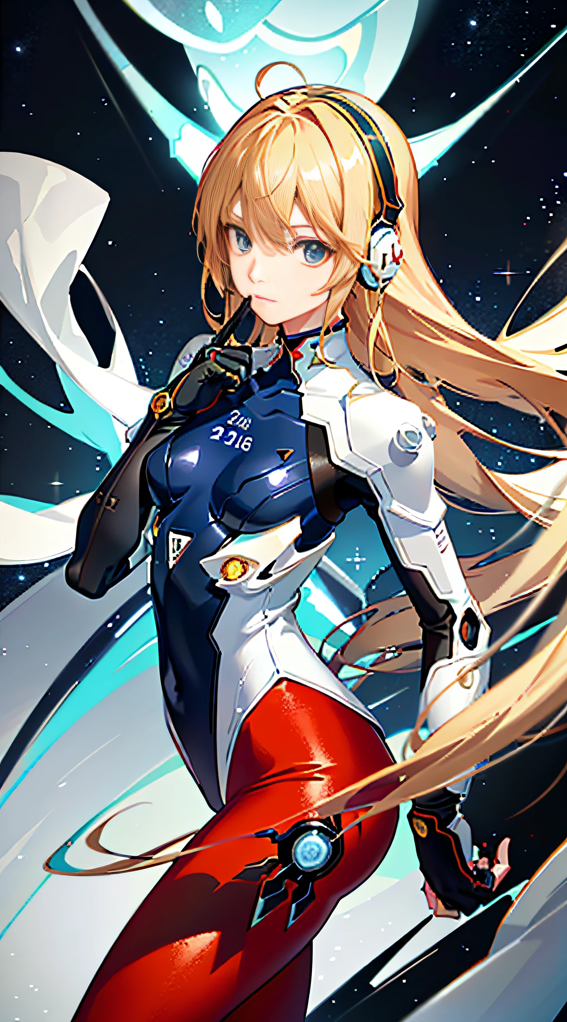 (Top view), Dynamic angle, Ultra detailed, Illustration, Close up, Straight Straight, 1 Girl,
 ((Souryuu Asuka Lanley, interface headphones, red tights: 1.4, blonde)), her eyes shine like dreamy stars, (glowing eyes: 1.233), (beautiful and detailed eyes: 1.1), (expressionless, mouth closed), (standing),
(mechanical compartment with tools and spaceship windows in a white spaceship),
(Night: 1.2), Dreamy, [[Slender Fingers and Hands: 0.55]::0.85], (Detail Fingers), Evangelion, Asuka, Red Tights Combat Suit, Right Hand Fist, Finger Refinement