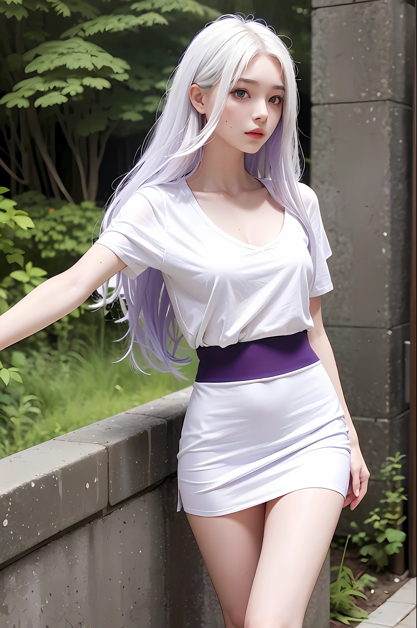 realistic, high resolution, 1 girl, white wavy hair, Chinese, heterochromic eyes, small moles under the eyes, loose white shirt, purple miniskirt, large breasts, thin legs ,