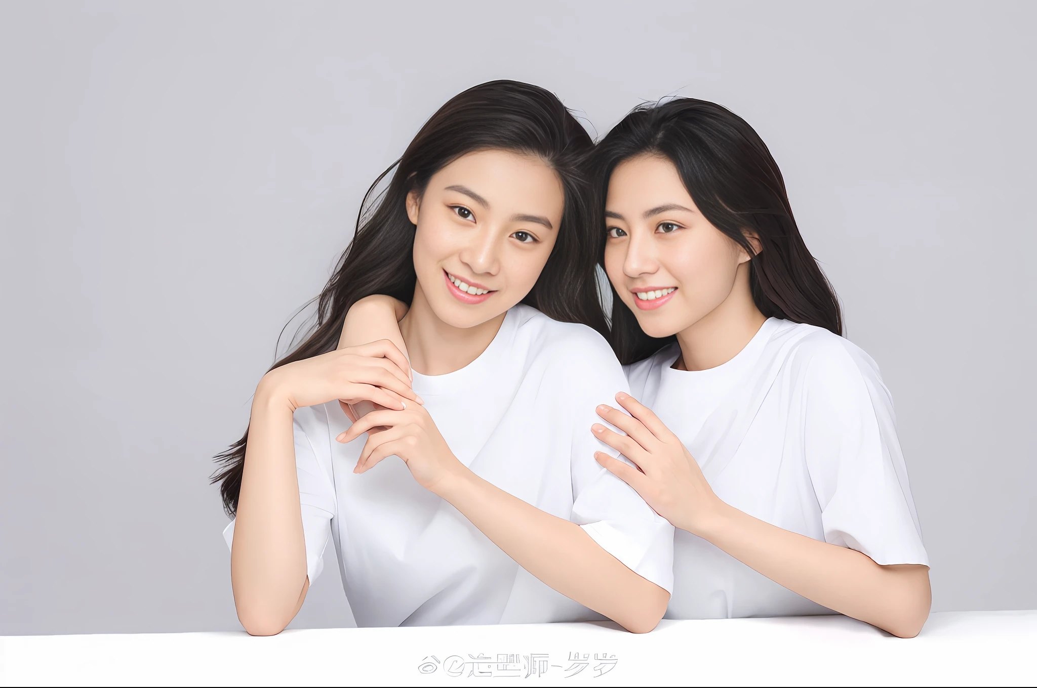 Two 2023 Chinese girls in white shirts smiling with hands crossed on their chests for a group photo, photo shoot for skincare brand, beauty event, beautiful twin twin portrait, wearing white clothes, white background, promotional photo shoot, twins