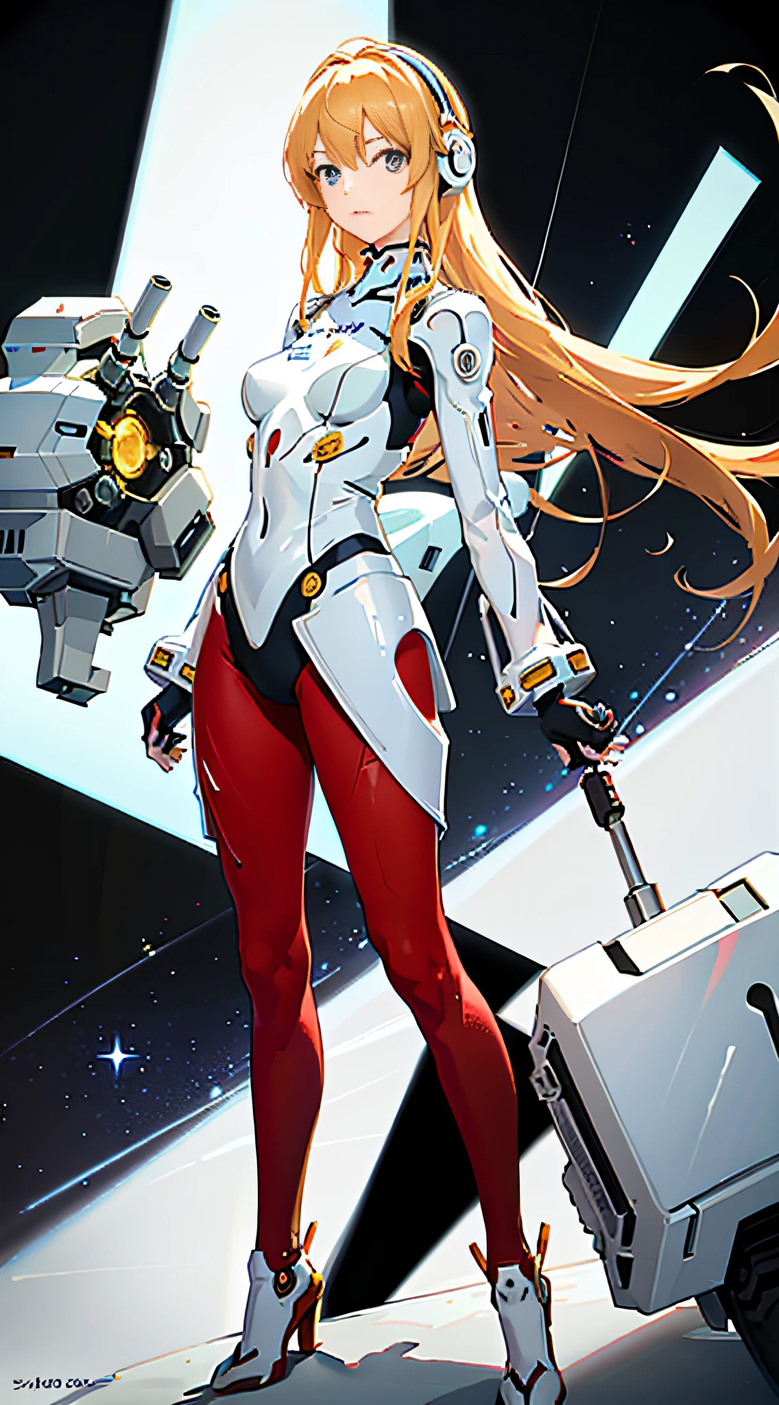 (Top view), Dynamic angle, Ultra detailed, Illustration, Close up, Straight Straight, 1 Girl,
 ((Souryuu Asuka Lanley, interface headphones, red tights: 1.4, blonde)), her eyes shine like dreamy stars, (glowing eyes: 1.233), (beautiful and detailed eyes: 1.1), (expressionless, mouth closed), (standing),
(mechanical compartment with tools and spaceship windows in a white spaceship),
(Night: 1.2), Dreamy, [[Slender Fingers and Hands: 0.55]::0.85], (Detail Fingers), Evangelion, Asuka, Red Tights Combat Suit, Right Hand Fist, Finger Refinement