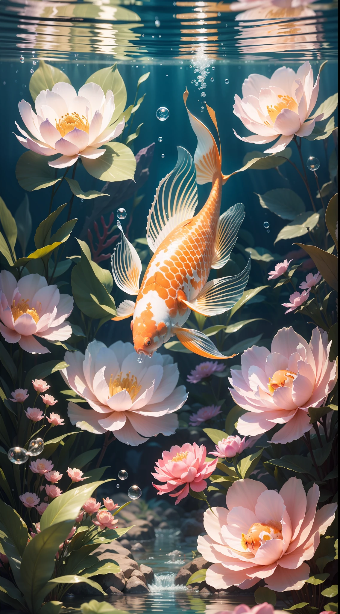 Bubbles, bubbles, foam, depth of field, golden red koi, realistic koi, perfect body shape, slightly open mouth, perfect swimming posture, motion photography, large and flowing fish tail, master works, surreal, crystal clear, high extreme color, advanced composition. Bright. "Bright Crystal" and "Bright Hall". Blooming peony flowers, underwater, underwater, in the water, water drops, bright and soft light. Diamond-like color, transparent translucent, octane rendering, 3D, C4D