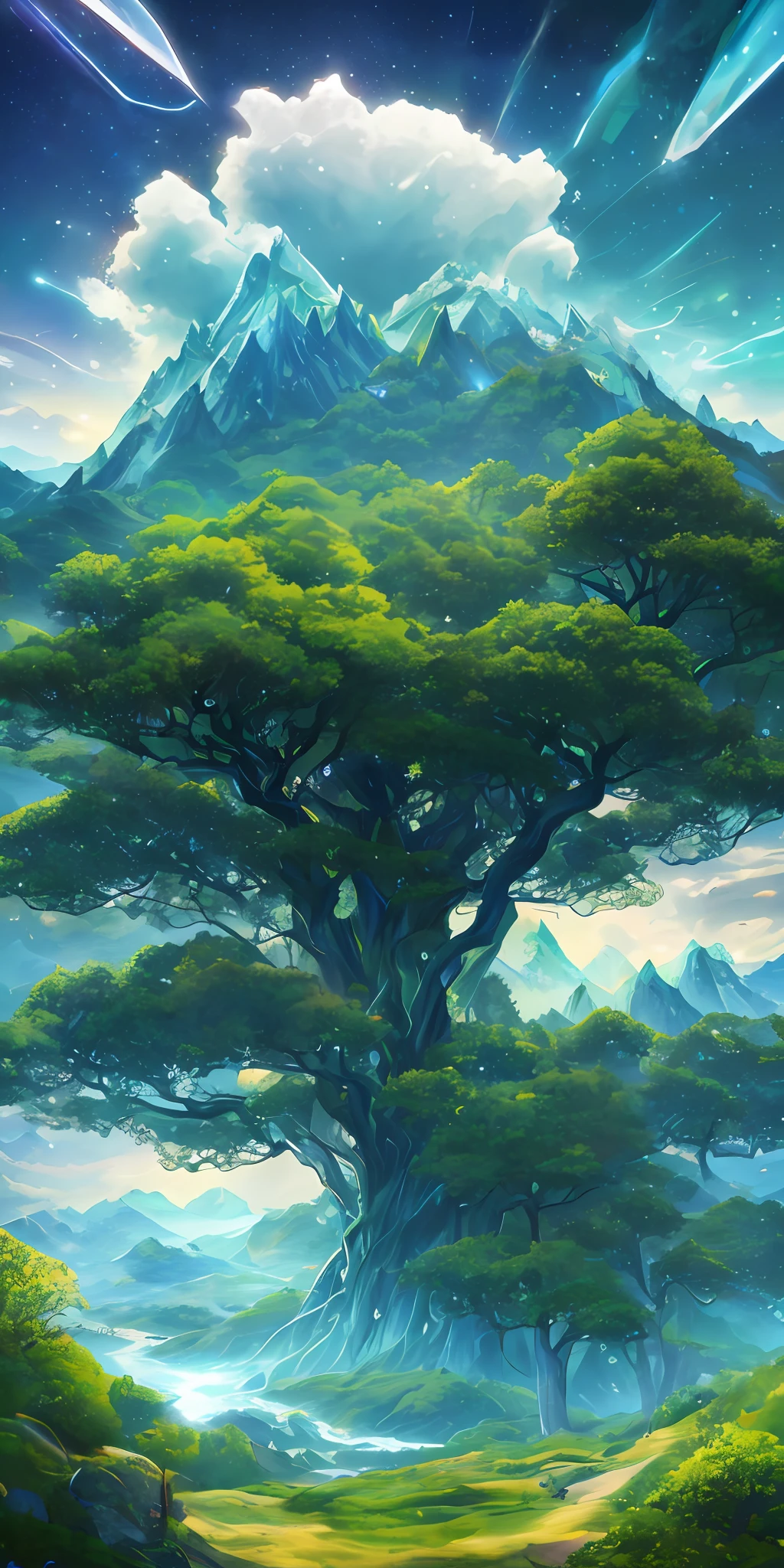 An illustration of a surreal, otherworldly, sur-sky scene including a huge crystal tree full body, very detailed and magical lights, intricate forest details, vegetation and surrounding rivers, solar punk, landscapes, giant trees, beautiful green leaves, beautiful lights and realistic proportions, as if it were a movie background, 8k, highest quality, masterpiece, clouds and stars in the sky, (((1 girl, sexy, cheongsam, full_body, bobo head, side-parted hair, blue eyes) )), dynamic poses, in comic book style, depicting a group of characters in various action scenes, from intense battles to relaxing moments, with dramatic speed lines and bold sound effects, capturing the excitement and energy of the story, mountains, starry sky, tall woods, masterpiece, aqua eyes, cinematic lighting, depth of field, moving diagram, UHD, anatomically correct, super detail, textured skin, high detail, best quality, 4K.