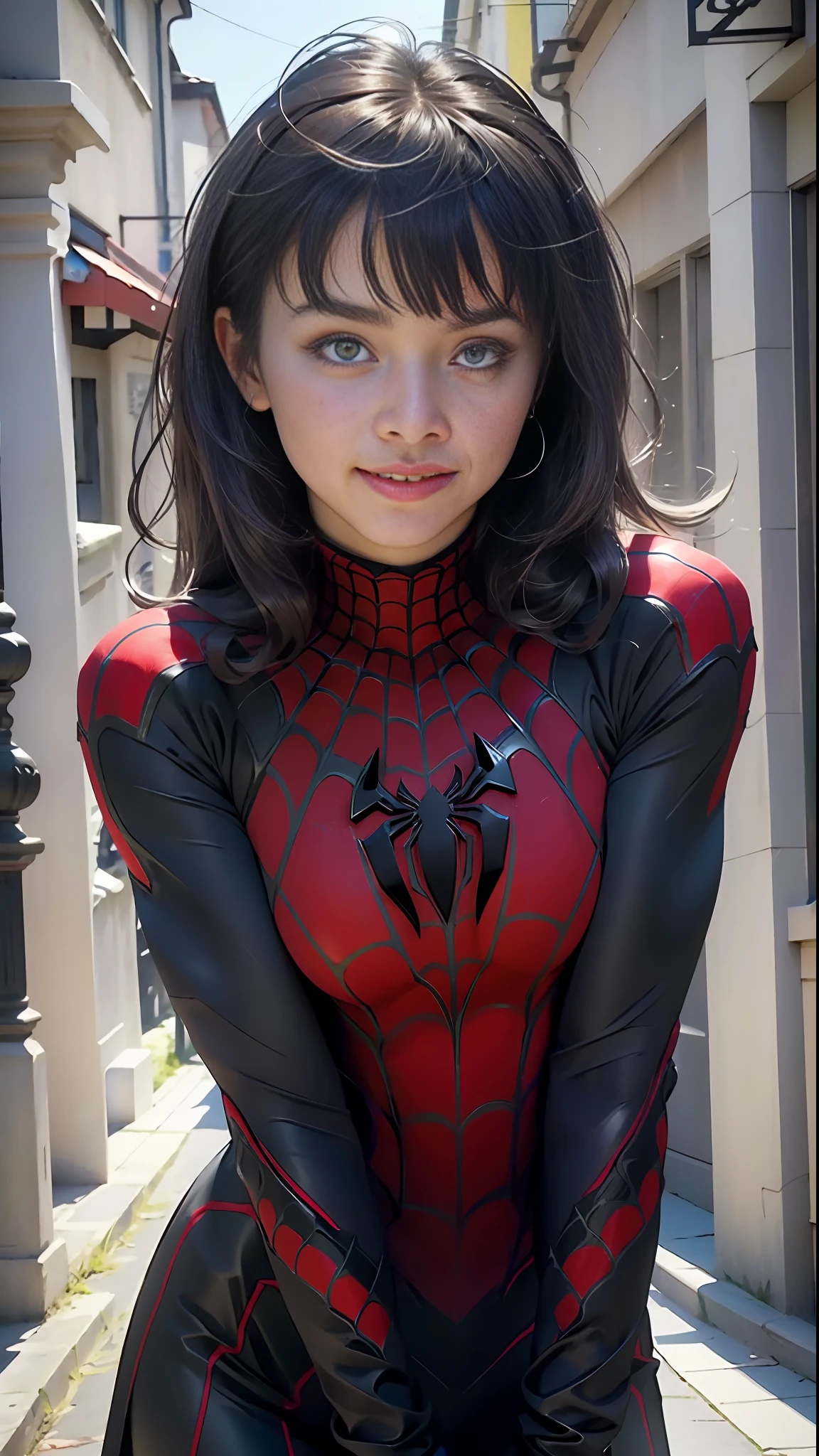Schöne Frau detailliert definierter Körper mit Spider-Man-Cosplay, kleine Brüste, asymmetrical hair, messy hair, parted bangs, light smile, annoyed, Hyperrealism, cinematic lighting, Fujicolor, social media composition, perspective, Eye-Level Shot, Canon, UHD, masterpiece, high quality, award winning, best quality, highres