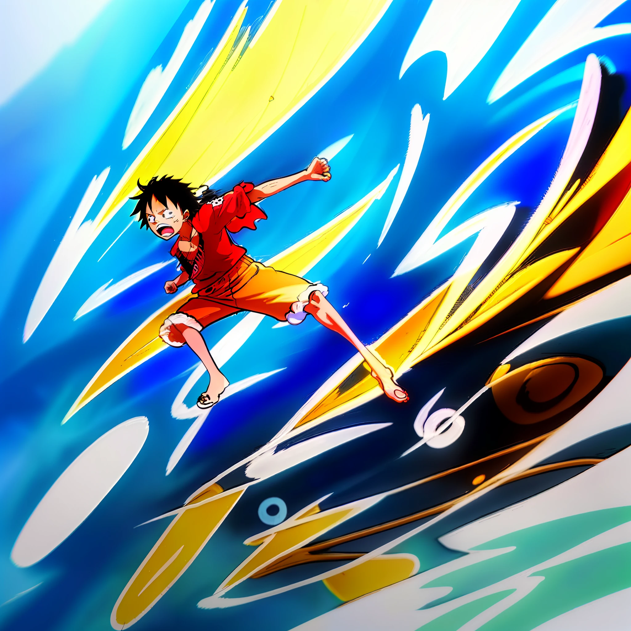 Prompt1 (Japanese): "Beautiful and detailed illustrations, One Piece style, overwhelming portrait of Goku, Monkey D. Luffy, vibrant fan art, One Piece style, highest resolution illustrations, state-of-the-art wireless communication technology, beautiful artwork, utilizing the latest technology wireless communication technology, providing the highest quality, ultra-fast speed, speeds of more than 1Gbps, Detailed portraits of Luffy, giant dragons, Luffy, powerful angles, subjective perspective, wonderful facial expressions that convey emotions, delicate and clear line drawings, beautiful colors, highest image quality, must-see illustrations for fans, gorgeous colors, emotional movements, emotional light expressions, light from behind, illustrations that expand the legendary world view of One Piece" (Translation: "Highest quality, super fast, a beautifully detailed one-piece-esque illustration of Luffy, offering speeds of over 1Gbps")