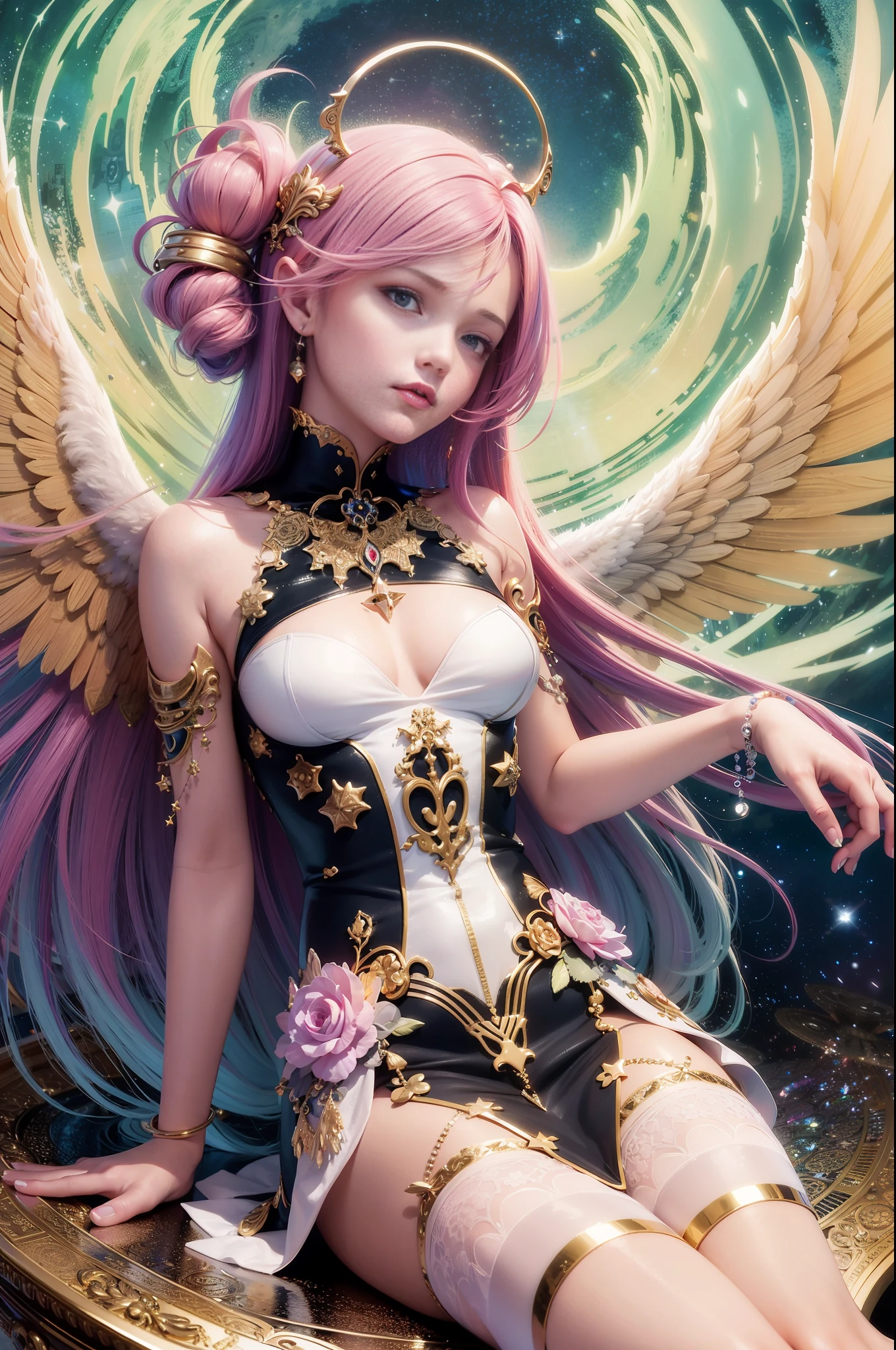 Film still, Fashion Photography, digital art, raytraicing, 3D surrealistic. Breathtaking Beautiful young female Angel dressed with a Angelpunk outfit, relaxed sitting on a fluffy cloud, floating in the middle of a vortex of floating Spiral Galaxy and golden stars and small fluffy clouds. Brilliant colors, Lumitronic effect, Zentangle Effect, Vaporwave effect, by Julie Dillon and David Alabo, colourful hair, realistic skin texture, photo realistic, Low saturation, masterpiece, global illumination, --auto --s2