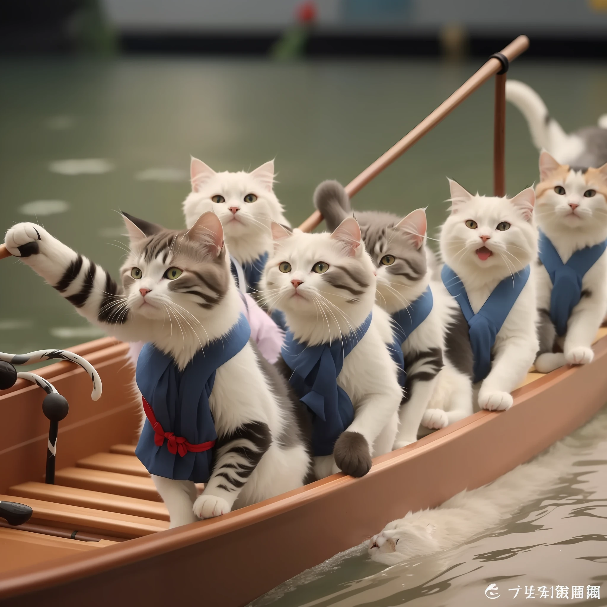 several cats are riding in a boat with a paddle, in a row, inspired by Miao Fu, by Li Mei-shu, cute cats, cats, aww, cats party, acrace catoon, by Wen Zhenheng, very calm and wholesome, kittens, very accurate photo, by Li Kan, by Li Zai, on a boat, by Yang J